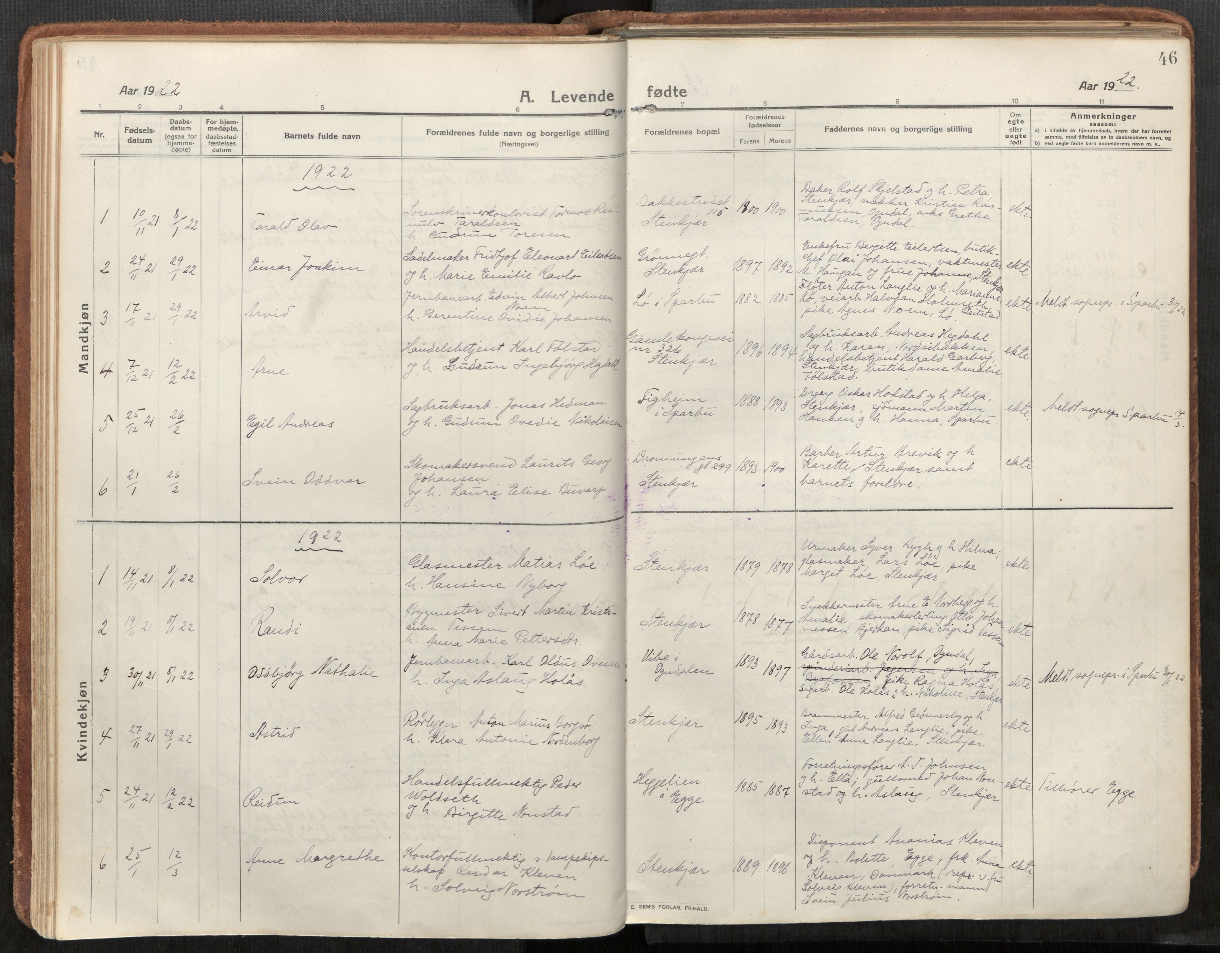 Steinkjer sokneprestkontor, AV/SAT-A-1541/01/H/Ha/Haa/L0003: Ministerialbok nr. 3, 1913-1922, s. 46