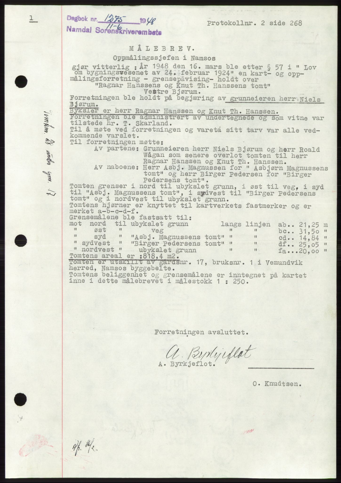 Namdal sorenskriveri, SAT/A-4133/1/2/2C: Pantebok nr. -, 1948-1948, Dagboknr: 1275/1948