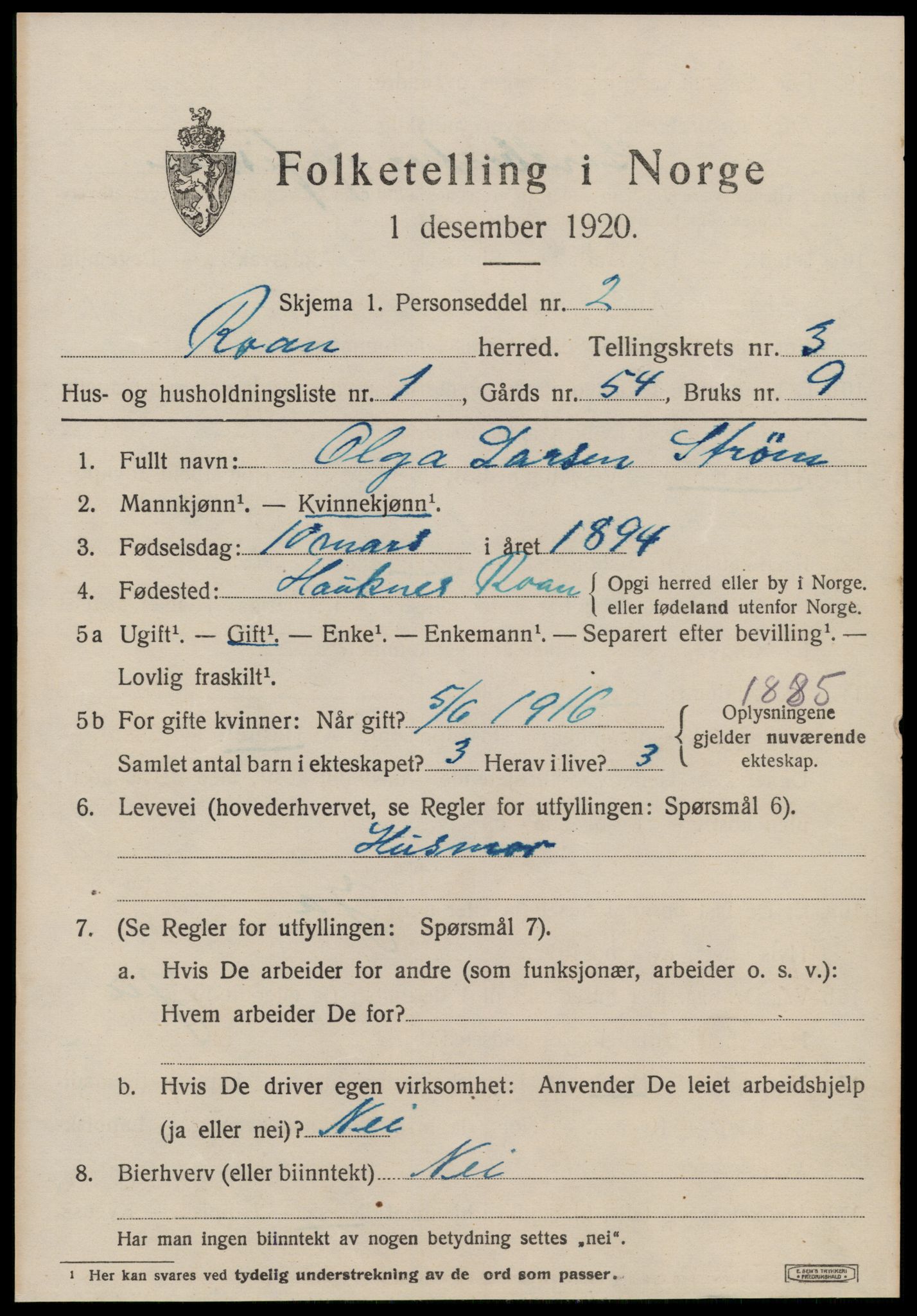 SAT, Folketelling 1920 for 1632 Roan herred, 1920, s. 2255