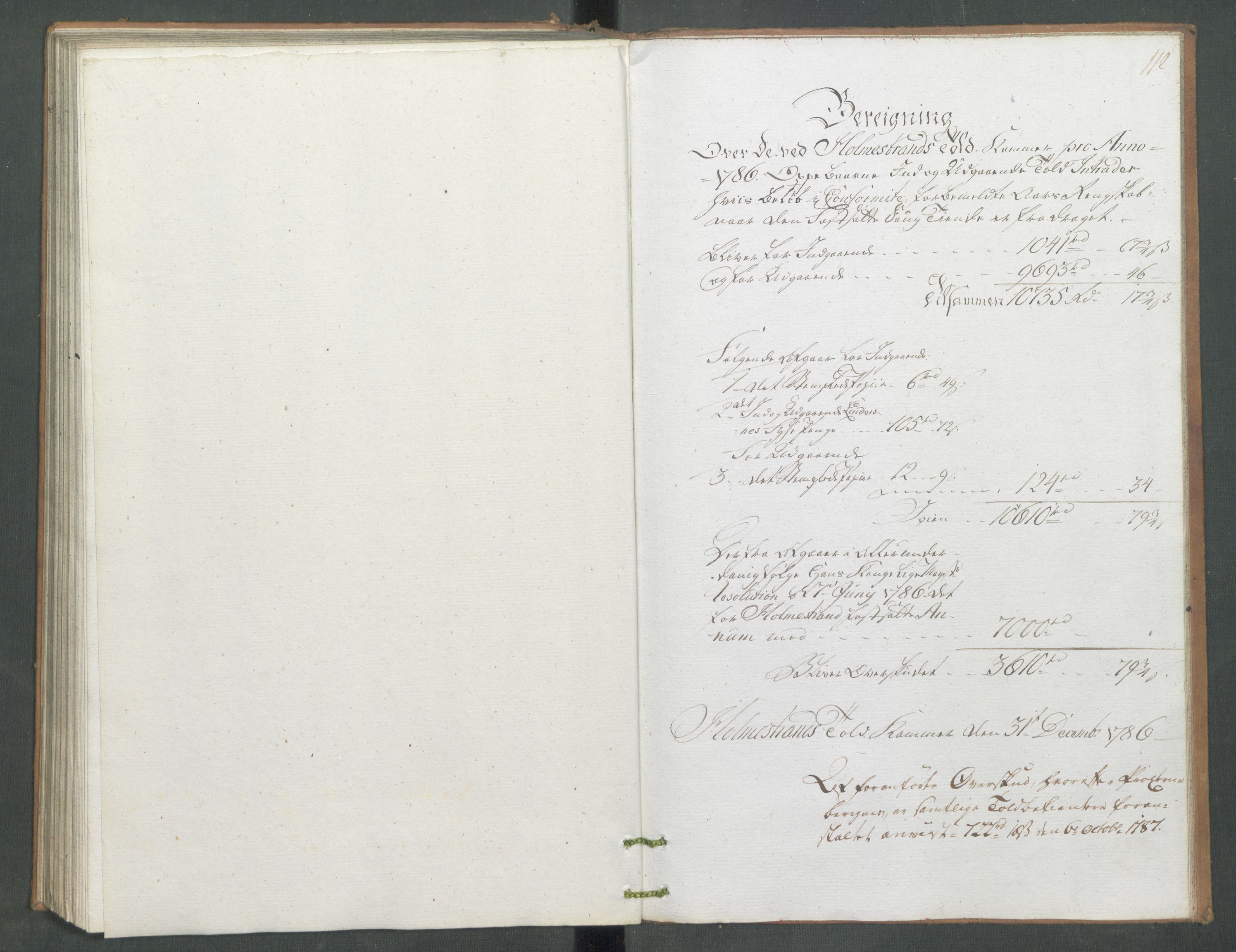 Generaltollkammeret, tollregnskaper, AV/RA-EA-5490/R09/L0079/0001: Tollregnskaper Holmestrand / Utgående hovedtollbok, 1786, s. 111b-112a
