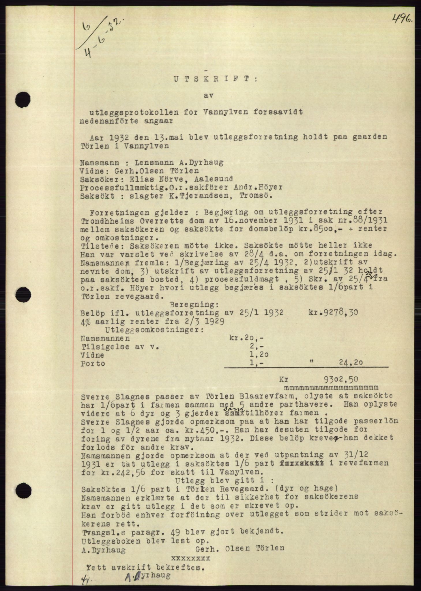 Søre Sunnmøre sorenskriveri, SAT/A-4122/1/2/2C/L0053: Pantebok nr. 47, 1931-1932, Tingl.dato: 04.06.1932