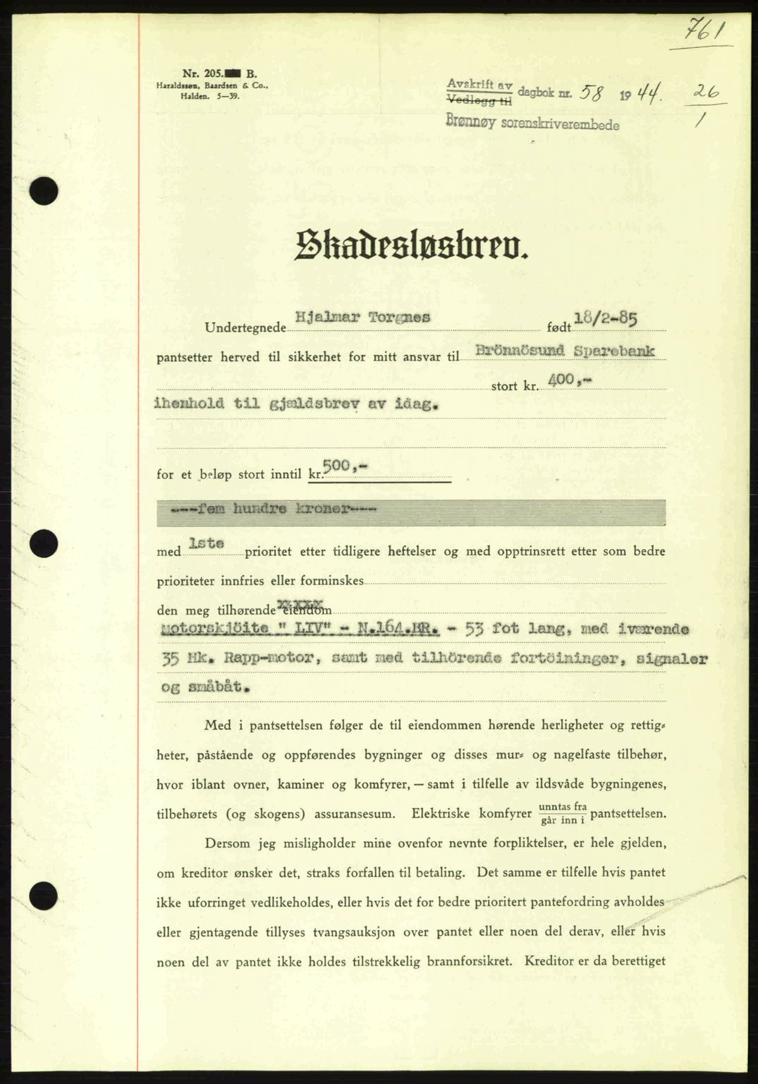 Brønnøy sorenskriveri, SAT/A-4170/1/2/2C: Pantebok nr. 23, 1943-1944, Dagboknr: 58/1944