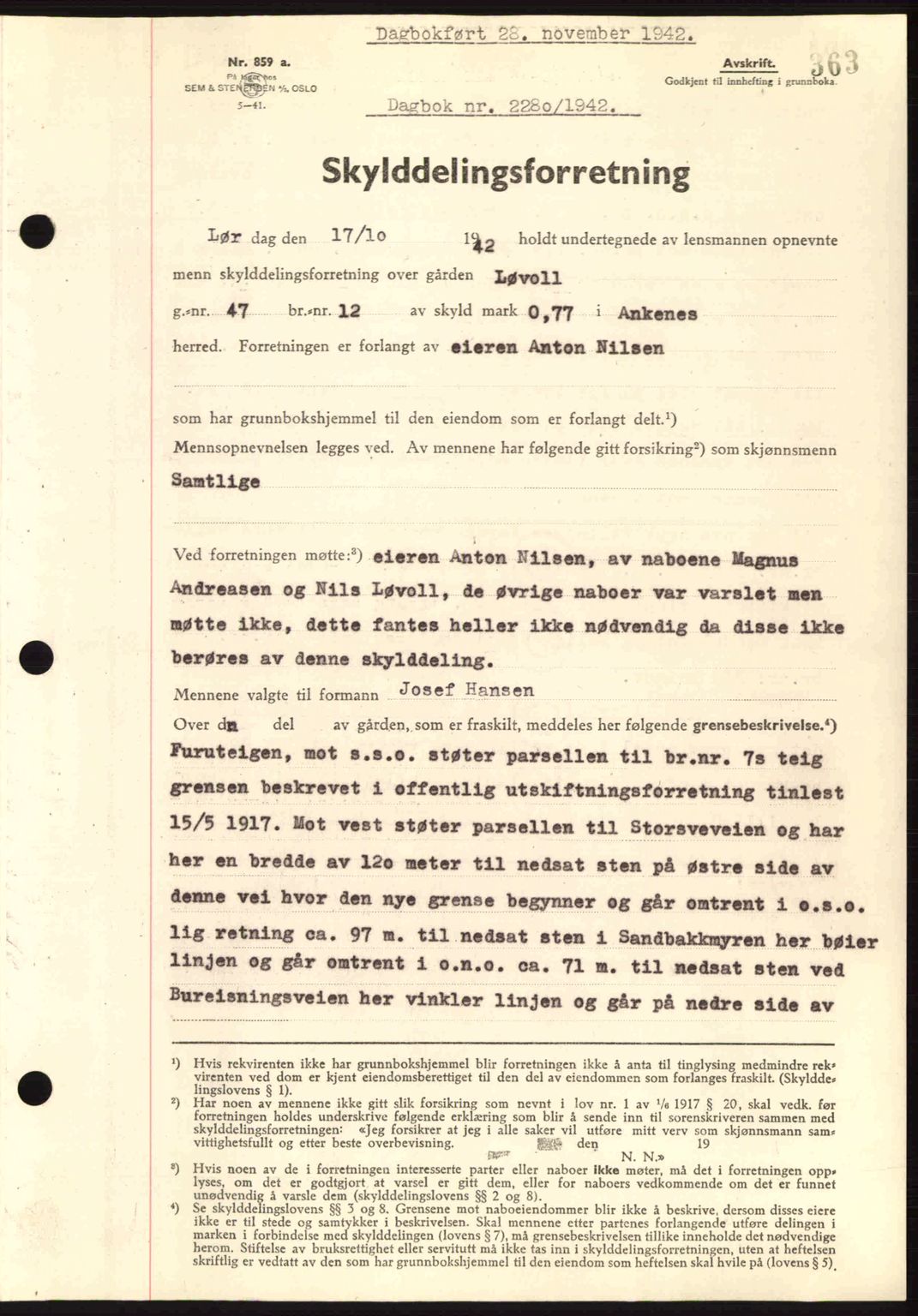 Steigen og Ofoten sorenskriveri, AV/SAT-A-0030/1/2/2C: Pantebok nr. A9-12, 1942-1946, Dagboknr: 2280/1942