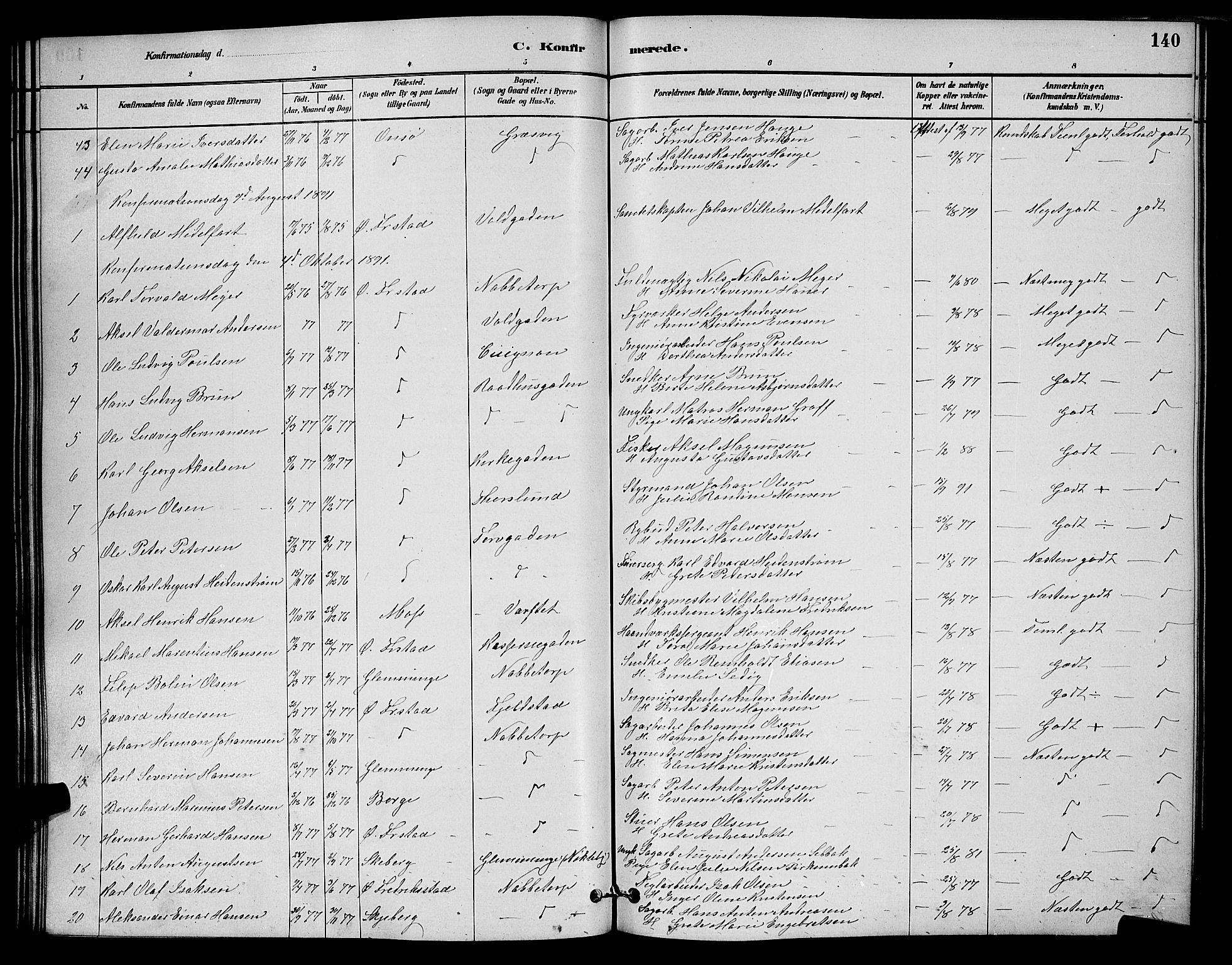 Østre Fredrikstad prestekontor Kirkebøker, AV/SAO-A-10907/G/Ga/L0001: Klokkerbok nr. 1, 1880-1899, s. 140