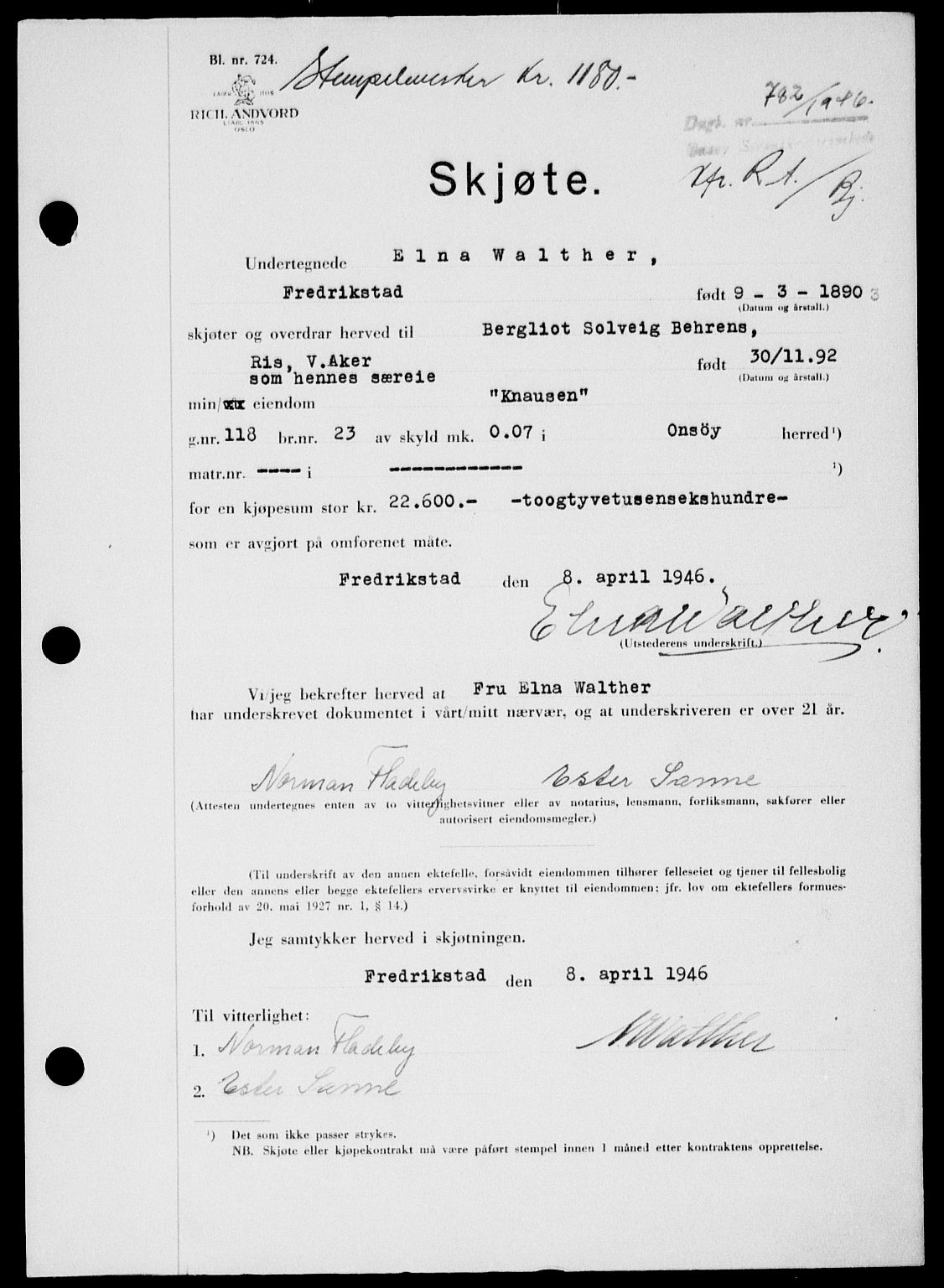 Onsøy sorenskriveri, SAO/A-10474/G/Ga/Gab/L0016: Pantebok nr. II A-16, 1946-1946, Dagboknr: 782/1946