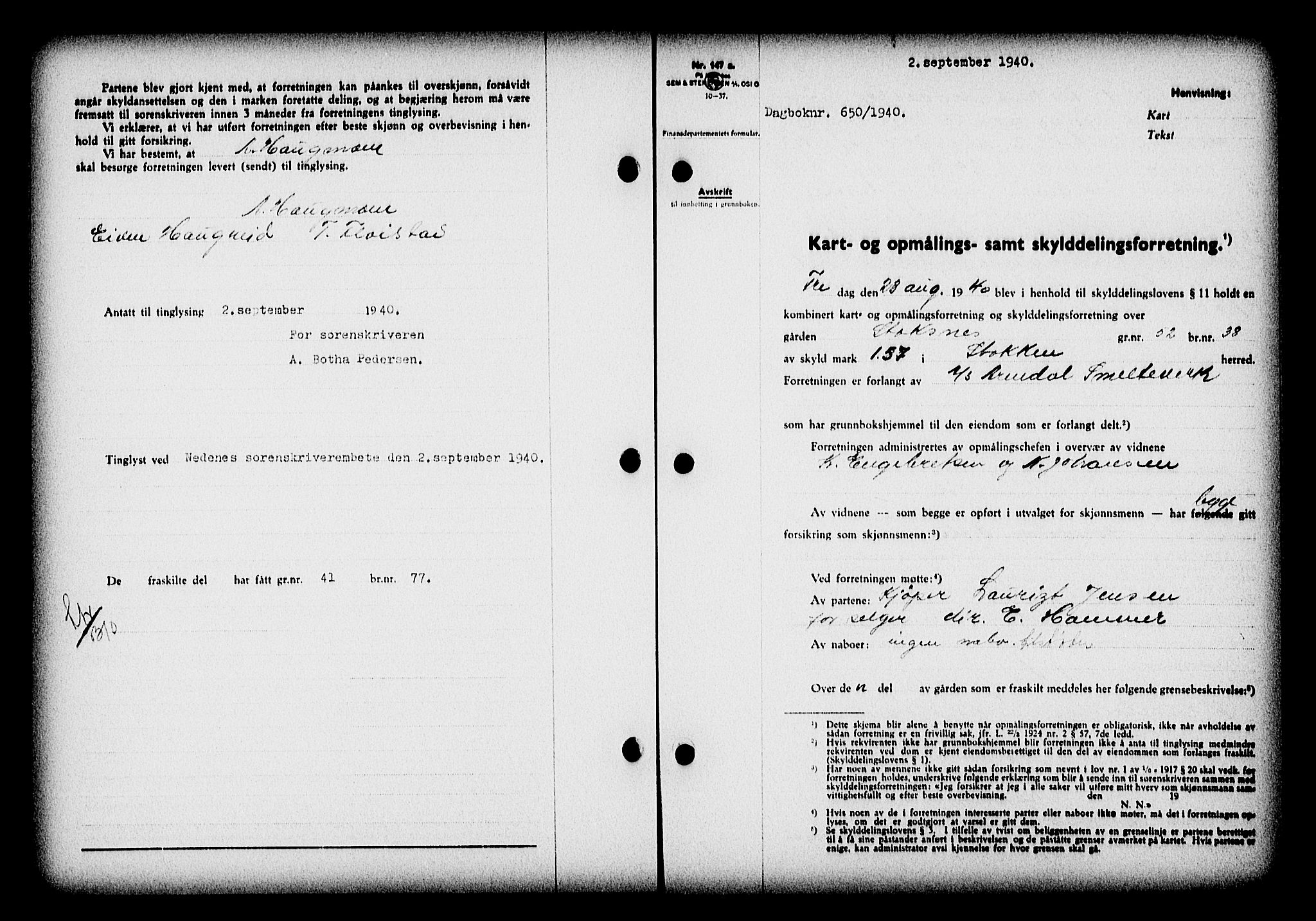 Nedenes sorenskriveri, AV/SAK-1221-0006/G/Gb/Gba/L0047: Pantebok nr. A-I, 1939-1940, Dagboknr: 650/1940