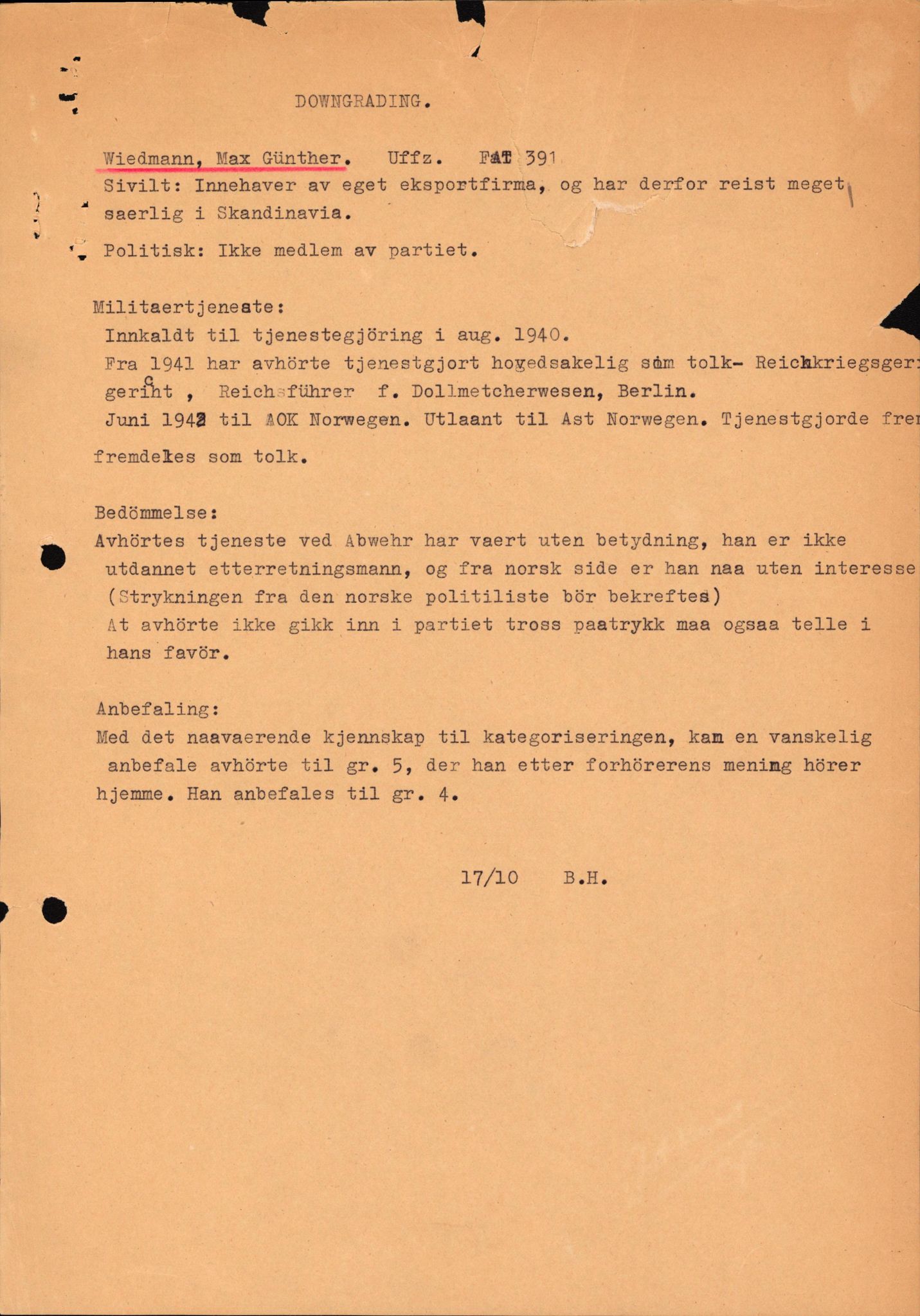 Forsvaret, Forsvarets overkommando II, RA/RAFA-3915/D/Db/L0035: CI Questionaires. Tyske okkupasjonsstyrker i Norge. Tyskere., 1945-1946, s. 505