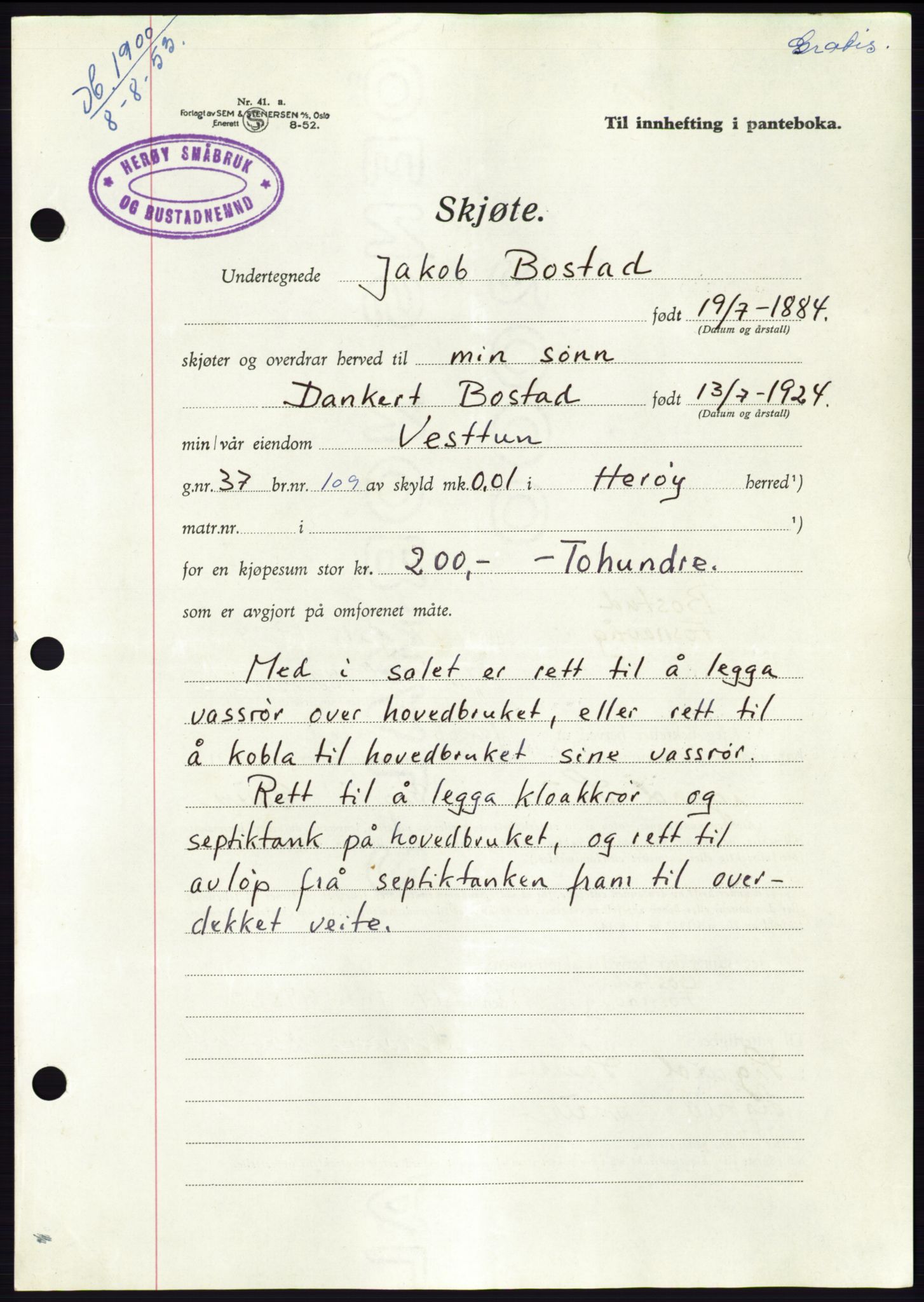 Søre Sunnmøre sorenskriveri, AV/SAT-A-4122/1/2/2C/L0095: Pantebok nr. 21A, 1953-1953, Dagboknr: 1900/1953