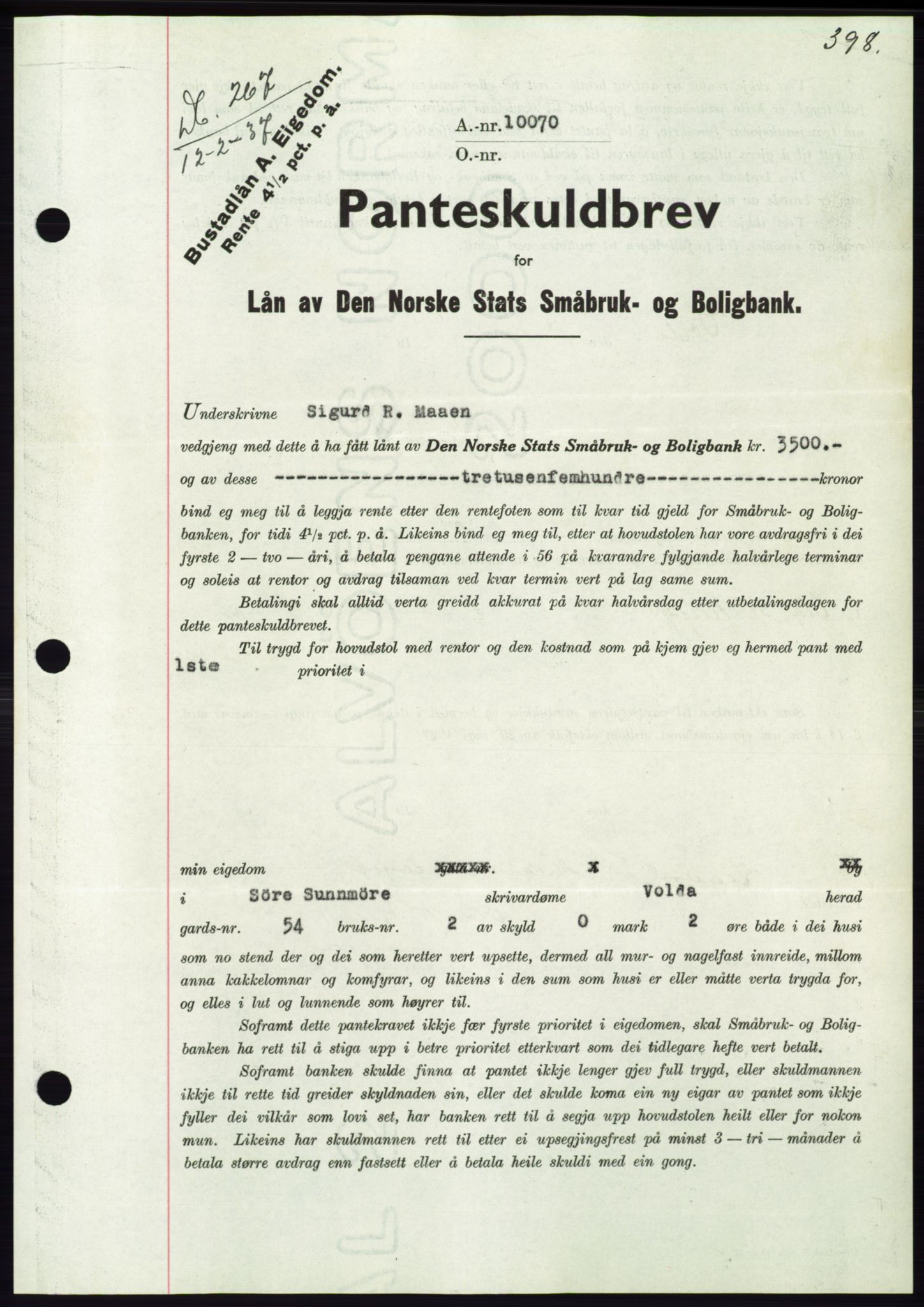 Søre Sunnmøre sorenskriveri, AV/SAT-A-4122/1/2/2C/L0062: Pantebok nr. 56, 1936-1937, Dagboknr: 267/1937