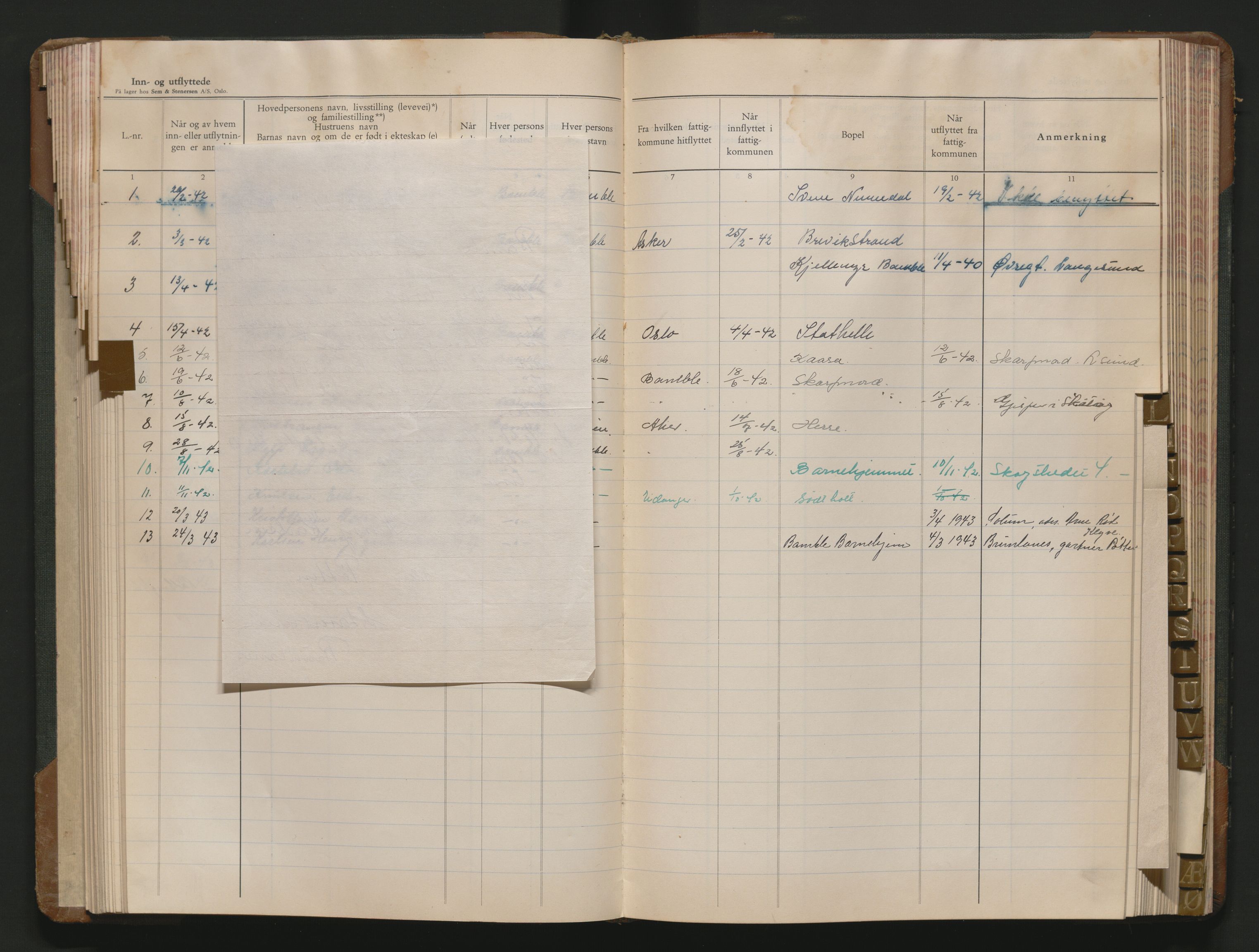 Bamble lensmannskontor, AV/SAKO-A-552/O/Oa/L0004: Protokoll over inn- og utflyttede - Bamble, 1942-1943