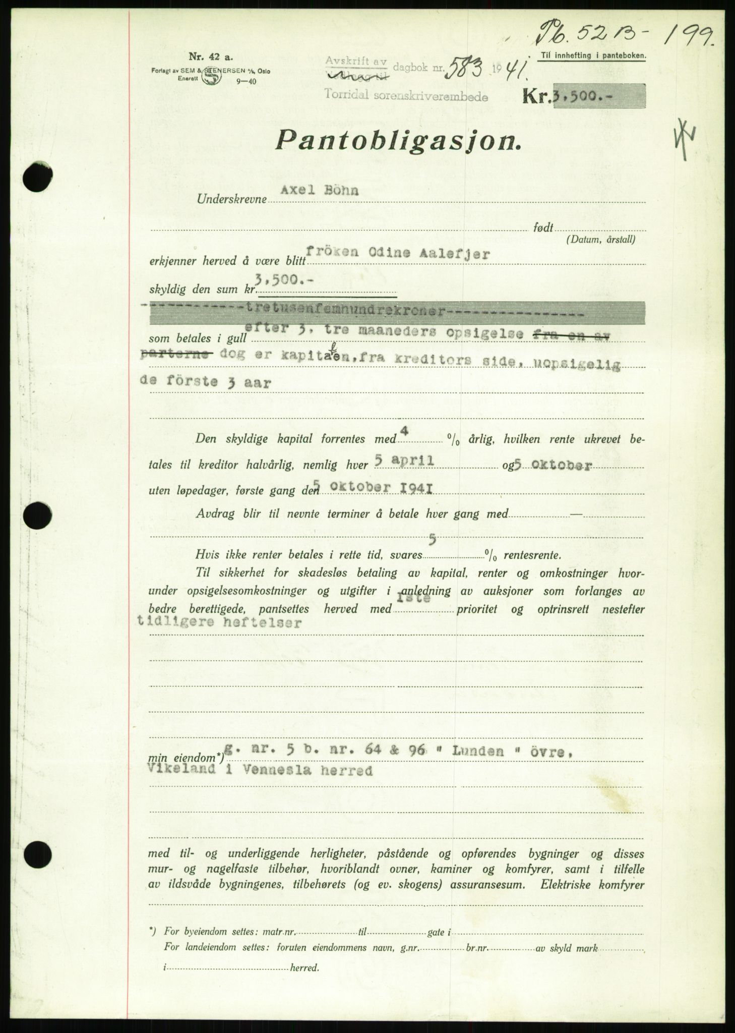 Torridal sorenskriveri, SAK/1221-0012/G/Gb/Gbb/L0008: Pantebok nr. 52b, 1940-1942, Dagboknr: 583/1941