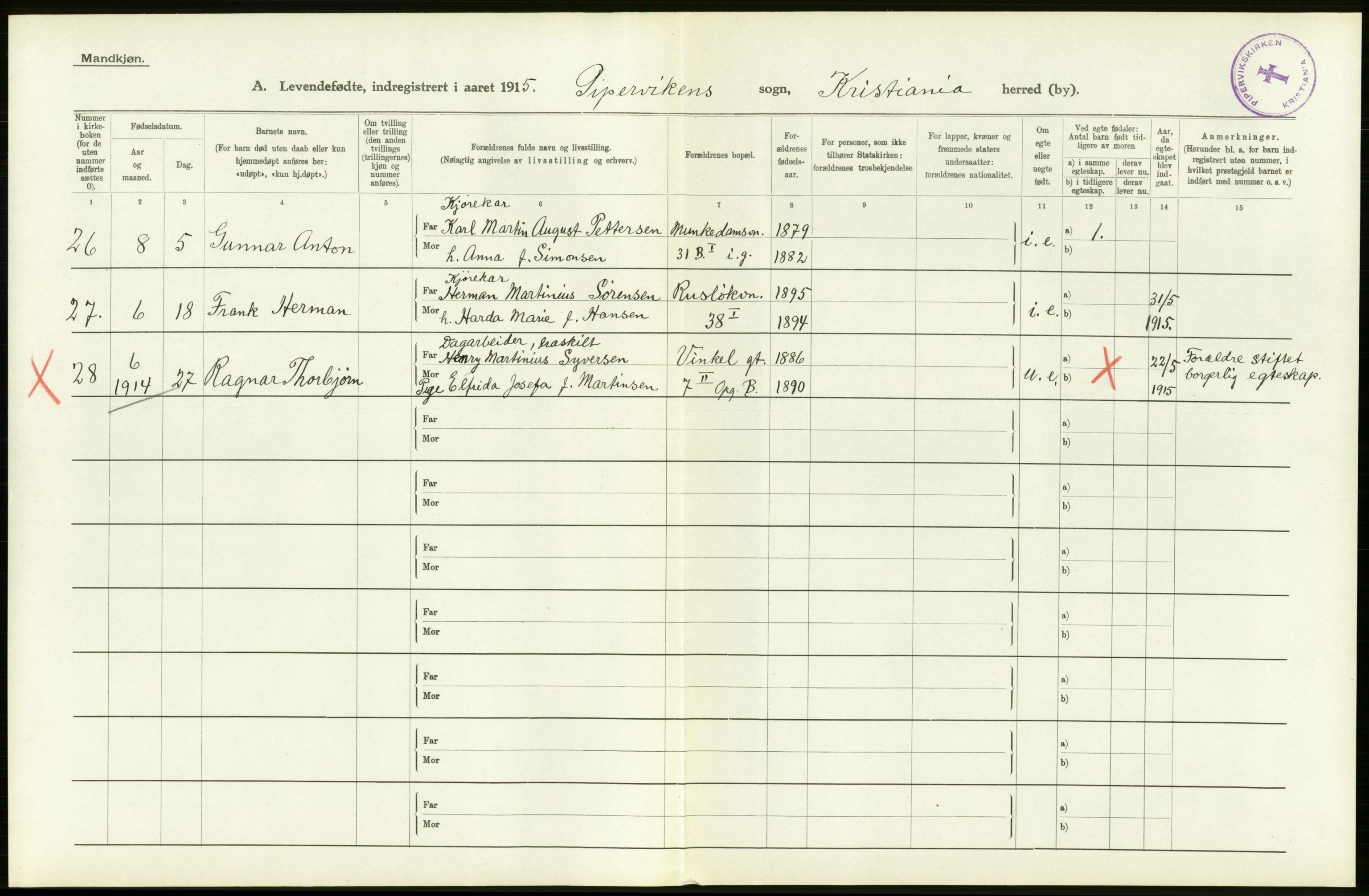 Statistisk sentralbyrå, Sosiodemografiske emner, Befolkning, RA/S-2228/D/Df/Dfb/Dfbe/L0006: Kristiania: Levendefødte menn og kvinner., 1915, s. 294