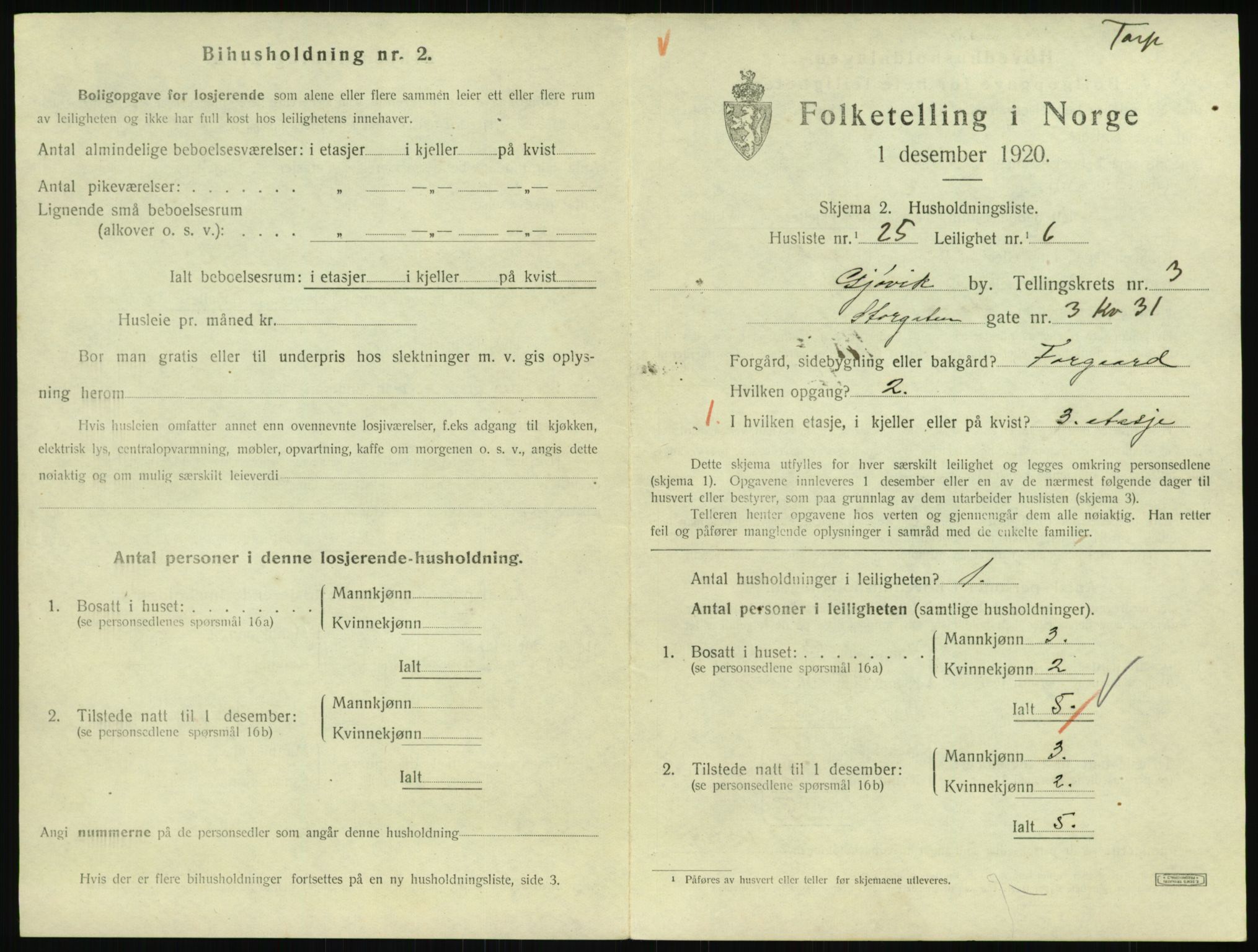 SAH, Folketelling 1920 for 0502 Gjøvik kjøpstad, 1920, s. 1526