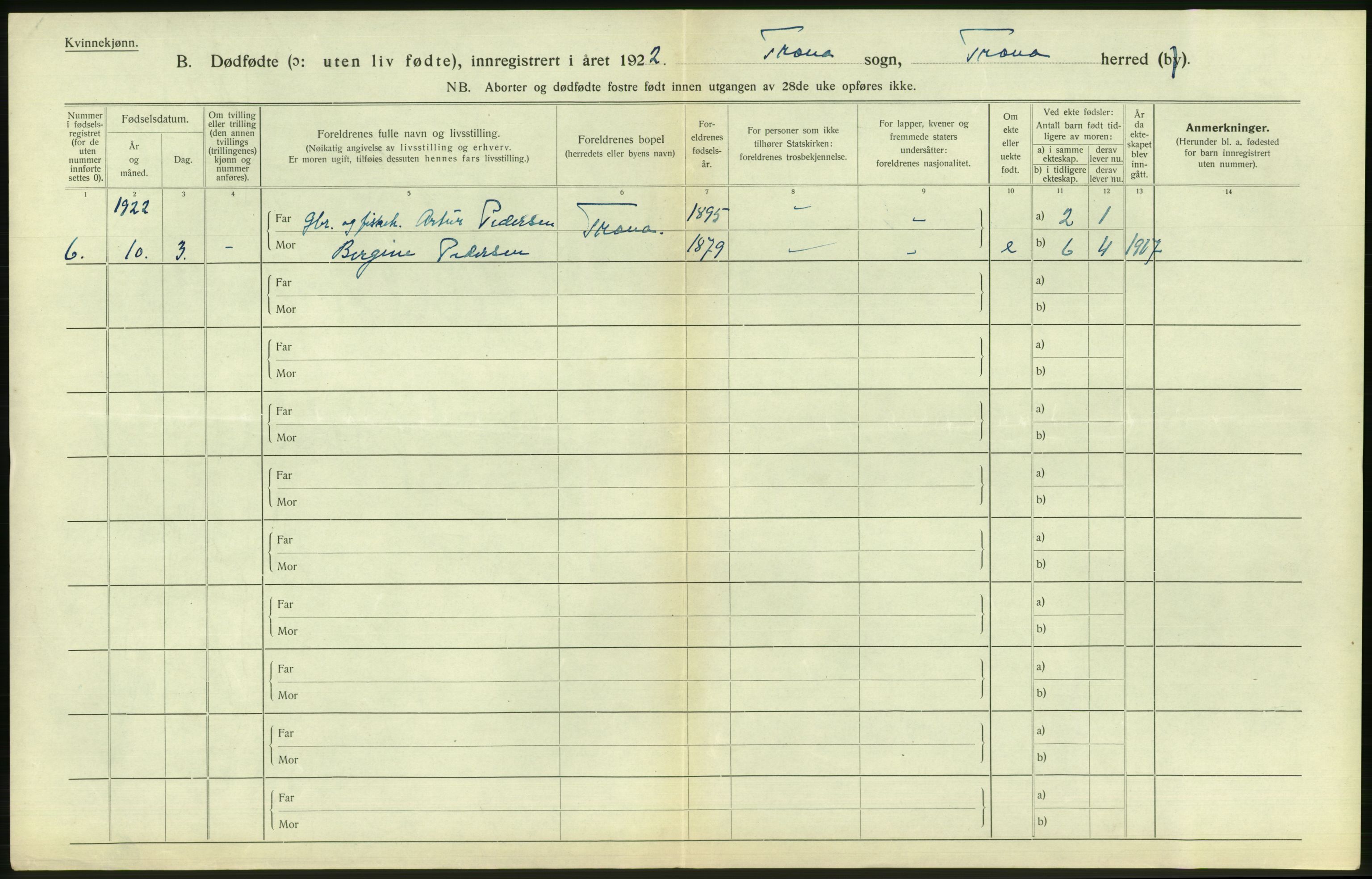 Statistisk sentralbyrå, Sosiodemografiske emner, Befolkning, AV/RA-S-2228/D/Df/Dfc/Dfcb/L0045: Nordland fylke: Gifte, dødfødte. Bygder og byer., 1922, s. 372