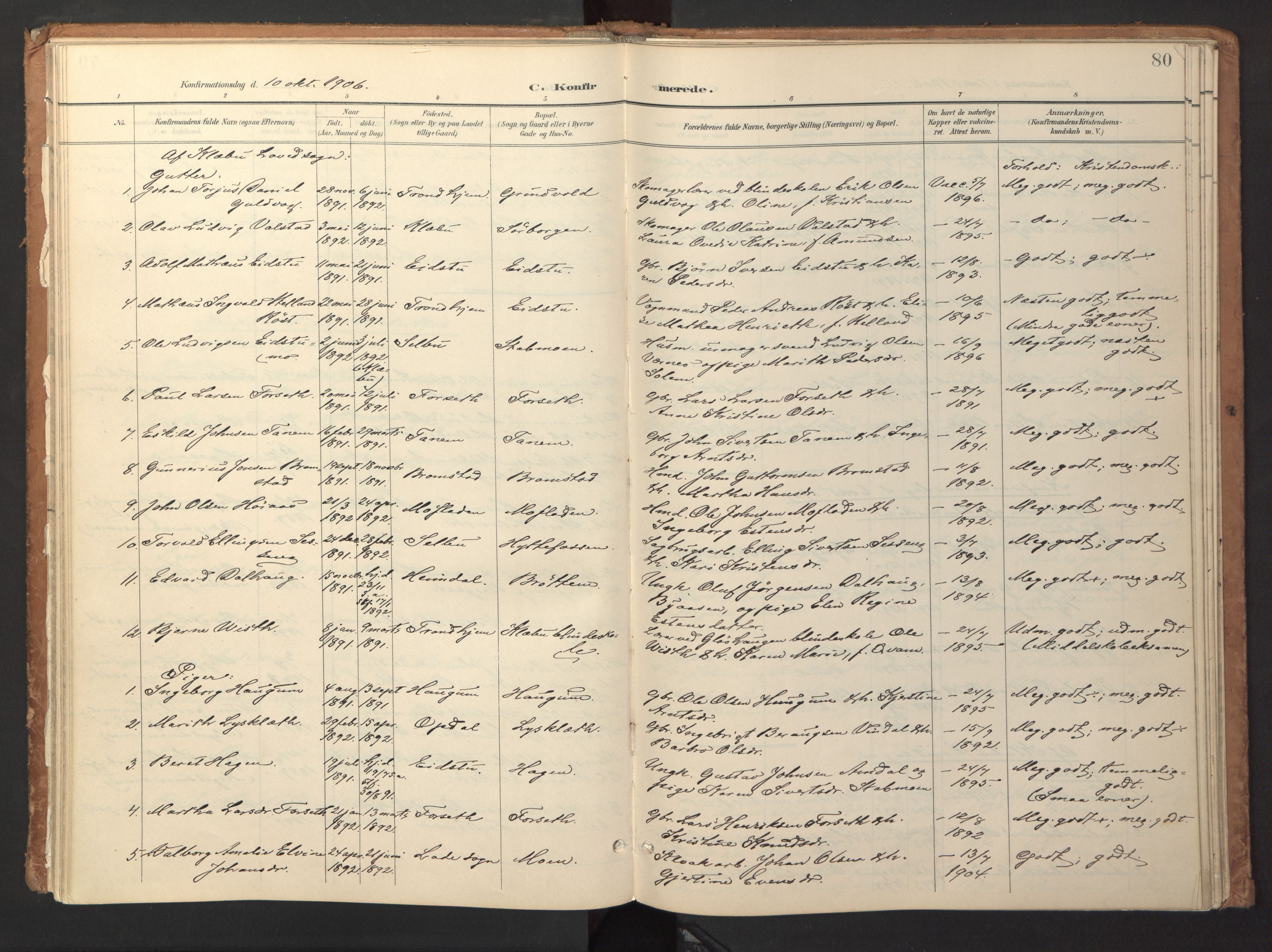 Ministerialprotokoller, klokkerbøker og fødselsregistre - Sør-Trøndelag, SAT/A-1456/618/L0448: Ministerialbok nr. 618A11, 1898-1916, s. 80