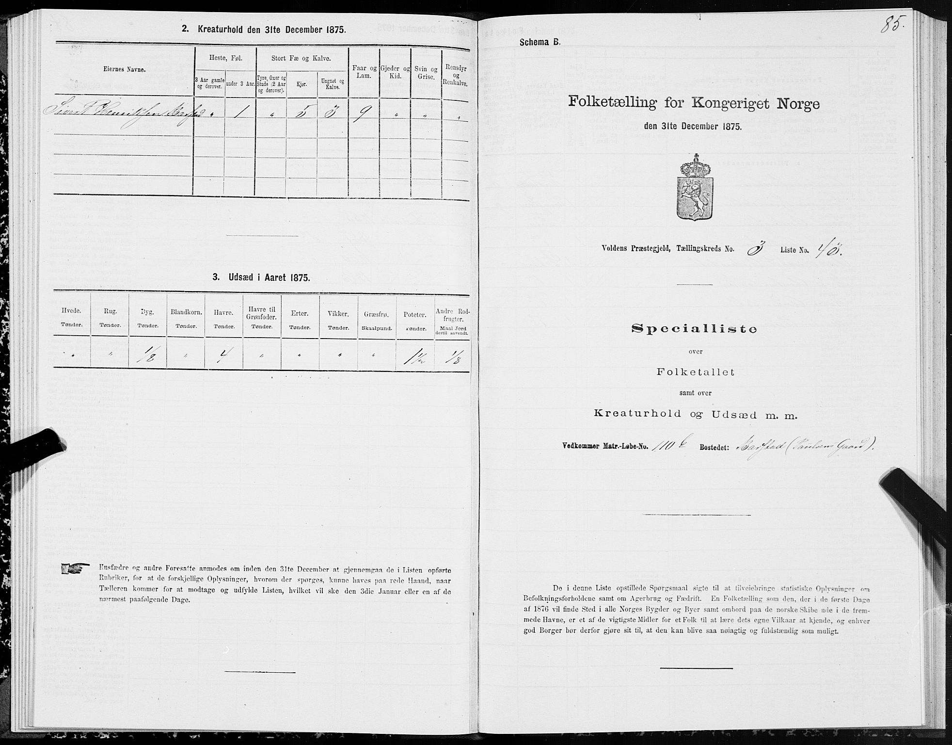 SAT, Folketelling 1875 for 1519P Volda prestegjeld, 1875, s. 3085