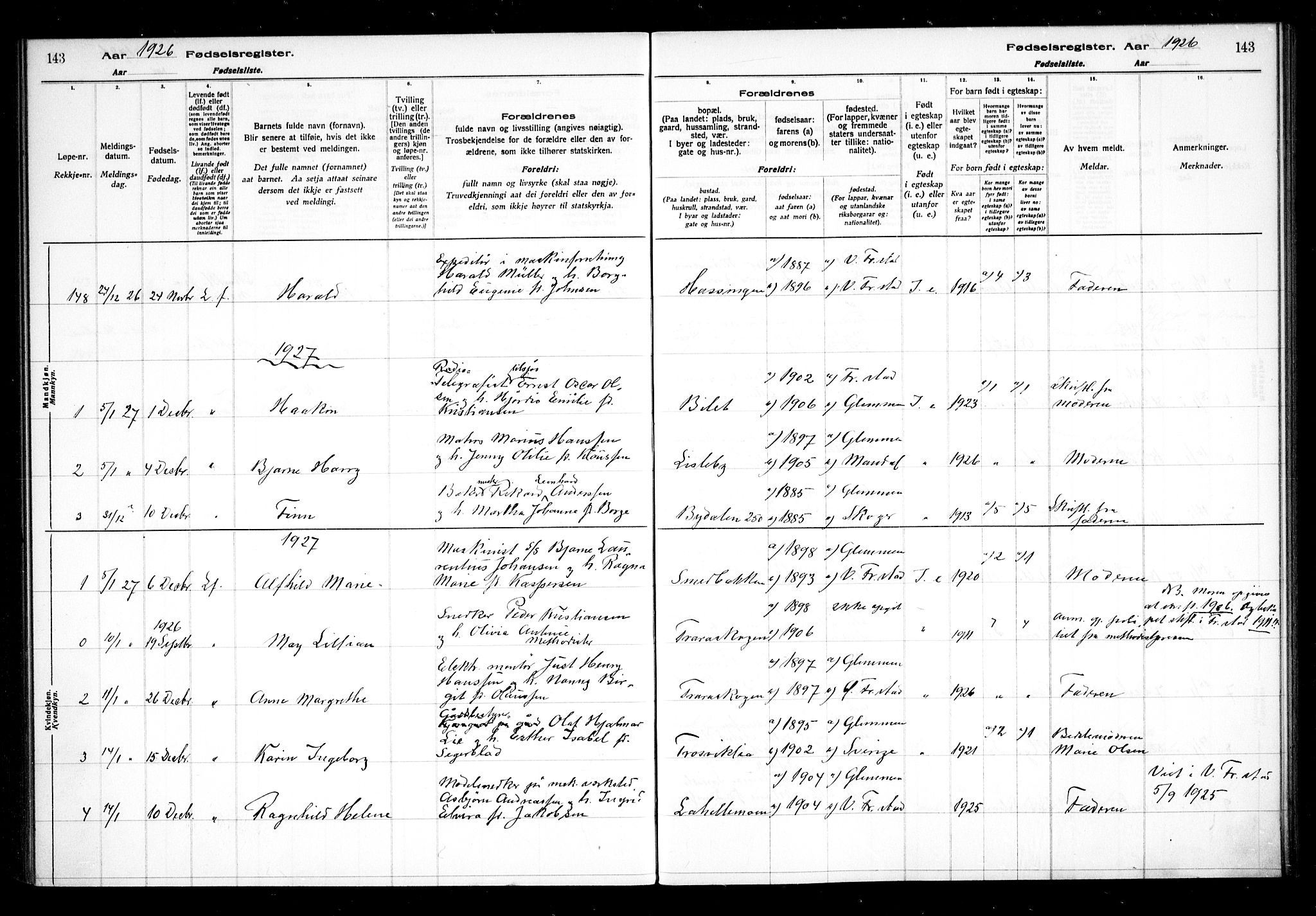 Glemmen prestekontor Kirkebøker, AV/SAO-A-10908/J/Ja/L0002: Fødselsregister nr. I 2, 1922-1929, s. 143