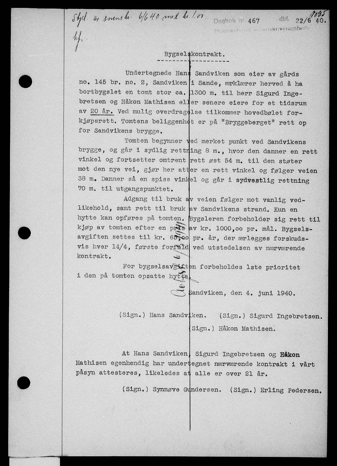 Holmestrand sorenskriveri, SAKO/A-67/G/Ga/Gaa/L0051: Pantebok nr. A-51, 1939-1940, Dagboknr: 467/1940