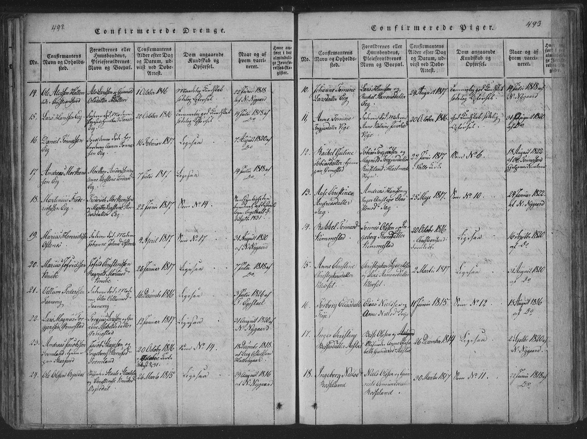 Søgne sokneprestkontor, AV/SAK-1111-0037/F/Fa/Fab/L0008: Ministerialbok nr. A 8, 1821-1838, s. 492-493