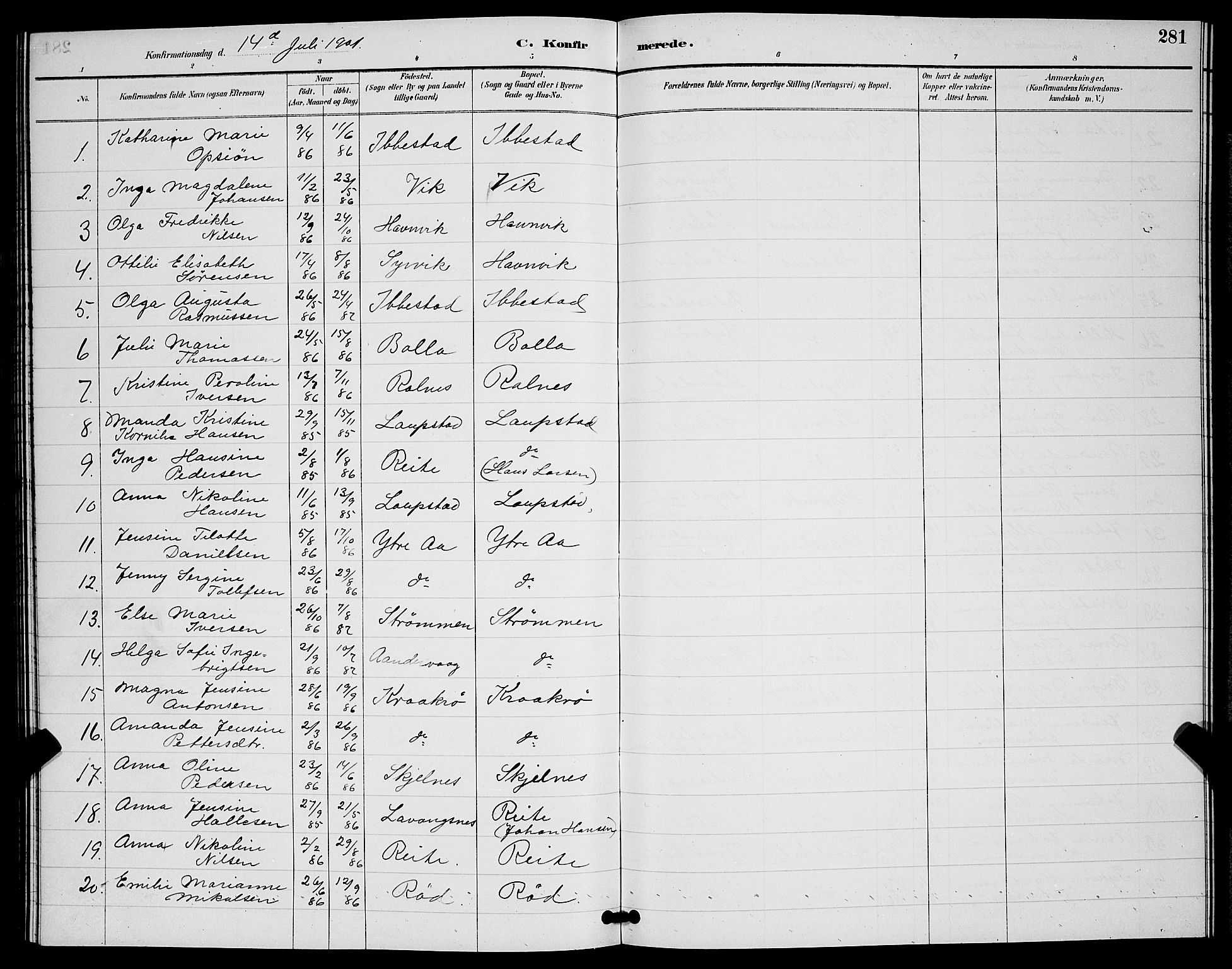 Ibestad sokneprestembete, AV/SATØ-S-0077/H/Ha/Hab/L0008klokker: Klokkerbok nr. 8, 1890-1903, s. 281