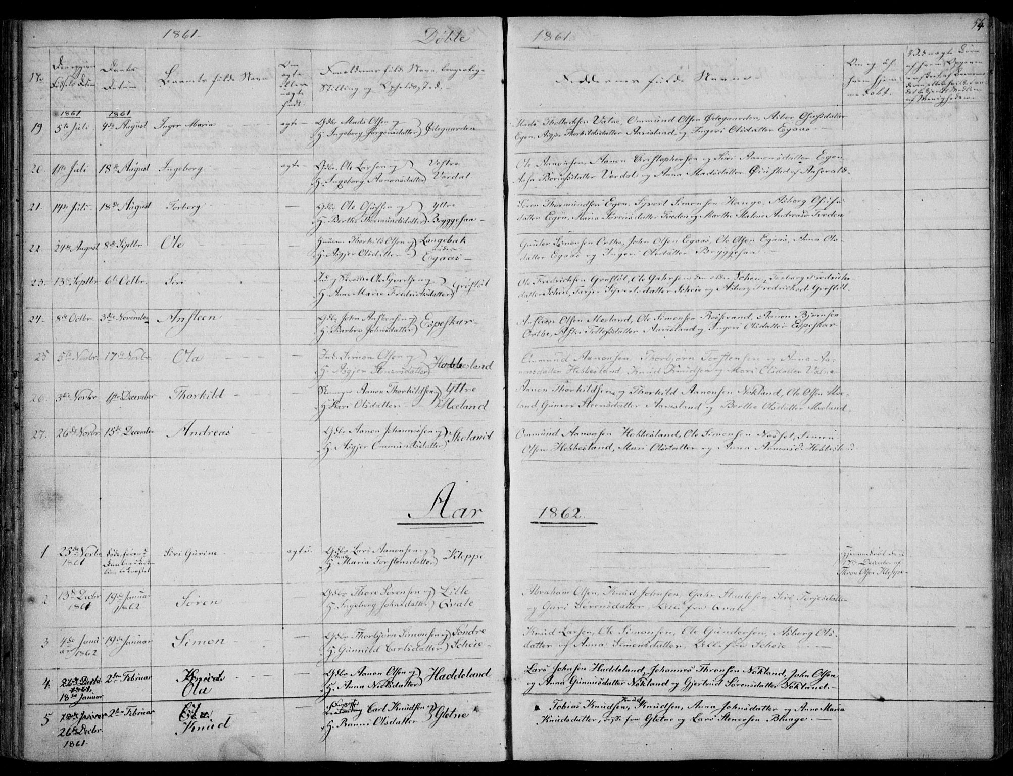 Hægebostad sokneprestkontor, SAK/1111-0024/F/Fa/Fab/L0002: Ministerialbok nr. A 2, 1836-1872, s. 54