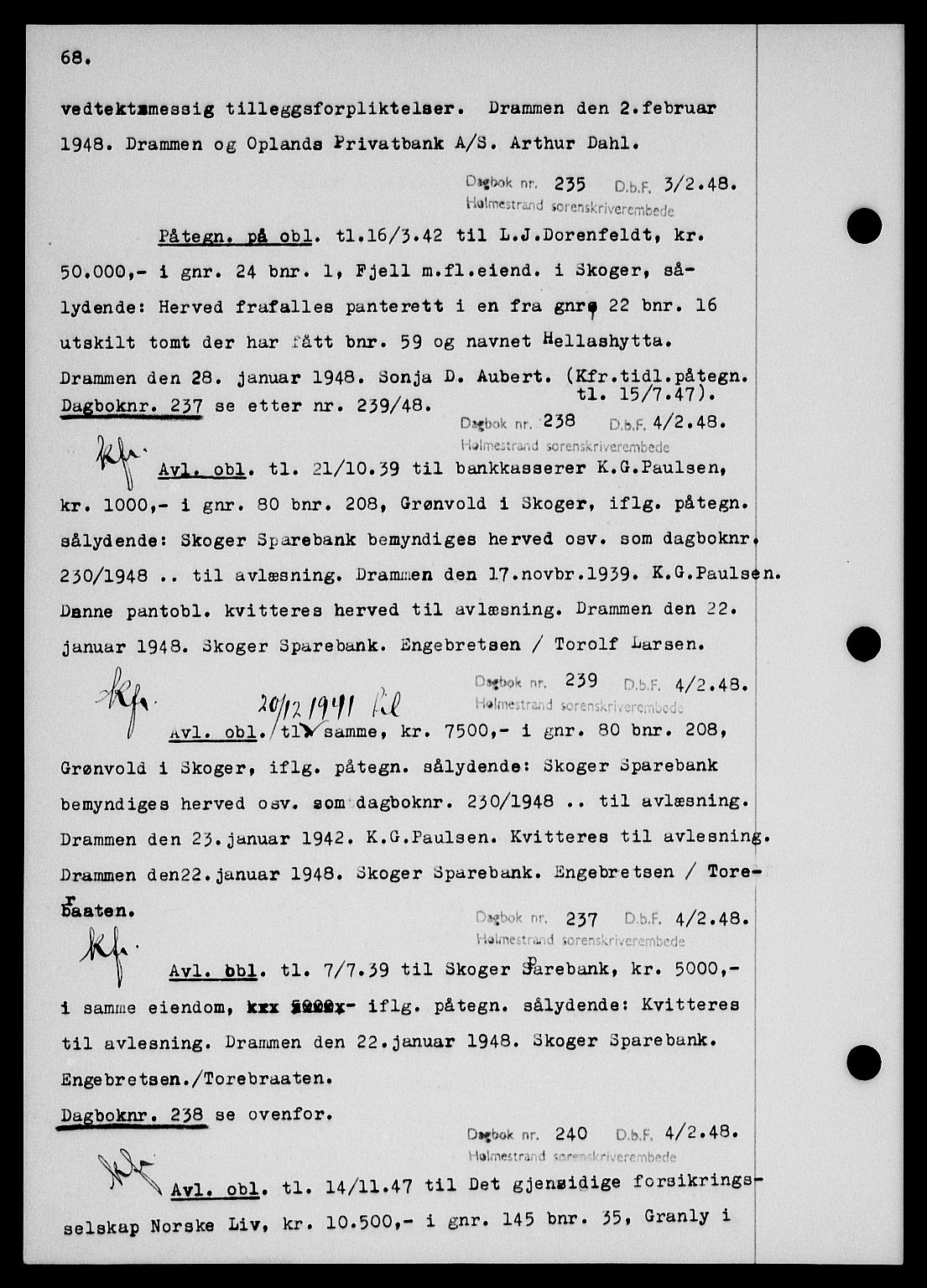 Holmestrand sorenskriveri, SAKO/A-67/G/Ga/Gab/L0058: Pantebok nr. B-58, 1947-1948, s. 68, Dagboknr: 235/1948