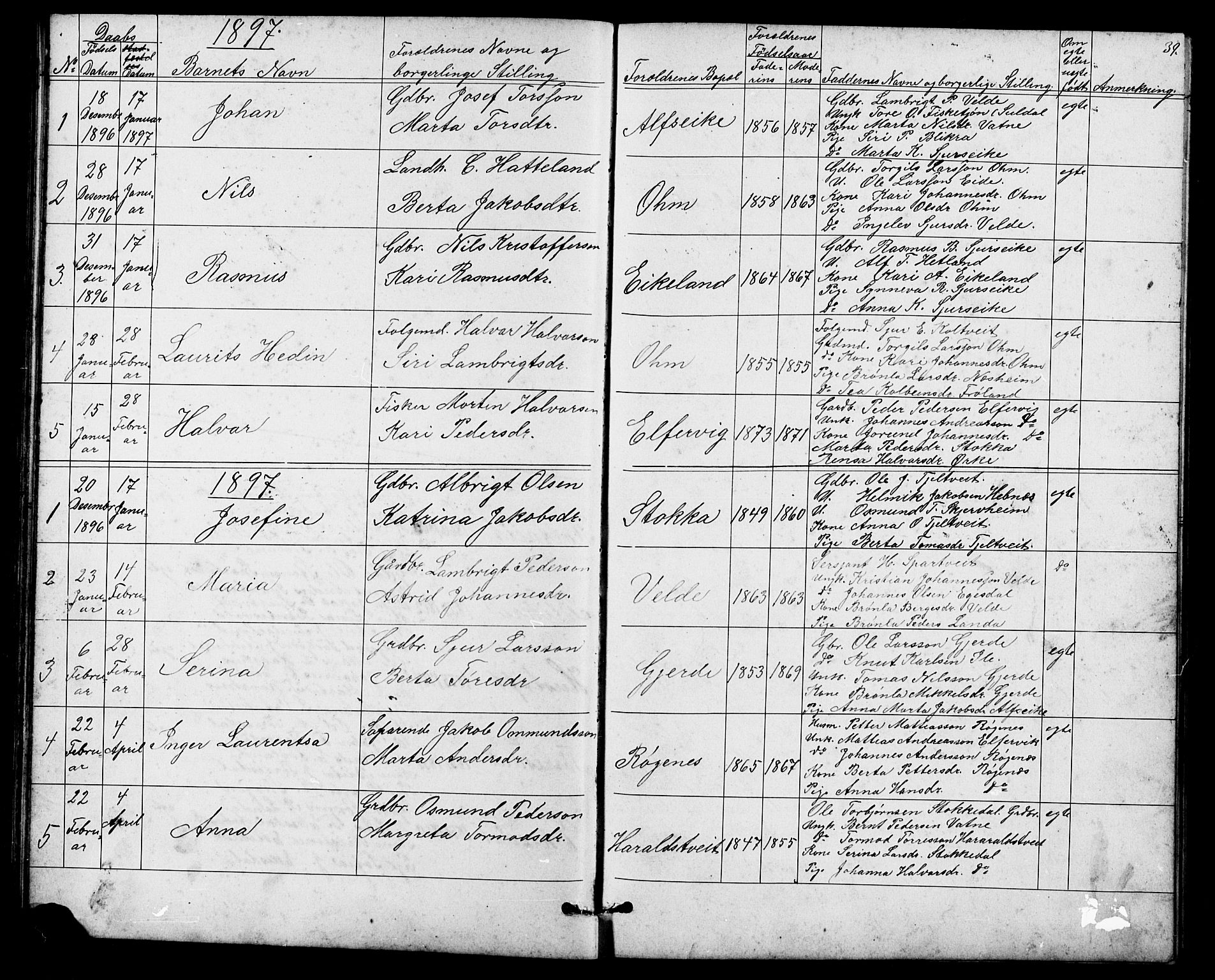 Skjold sokneprestkontor, AV/SAST-A-101847/H/Ha/Hab/L0006: Klokkerbok nr. B 6, 1881-1913, s. 39