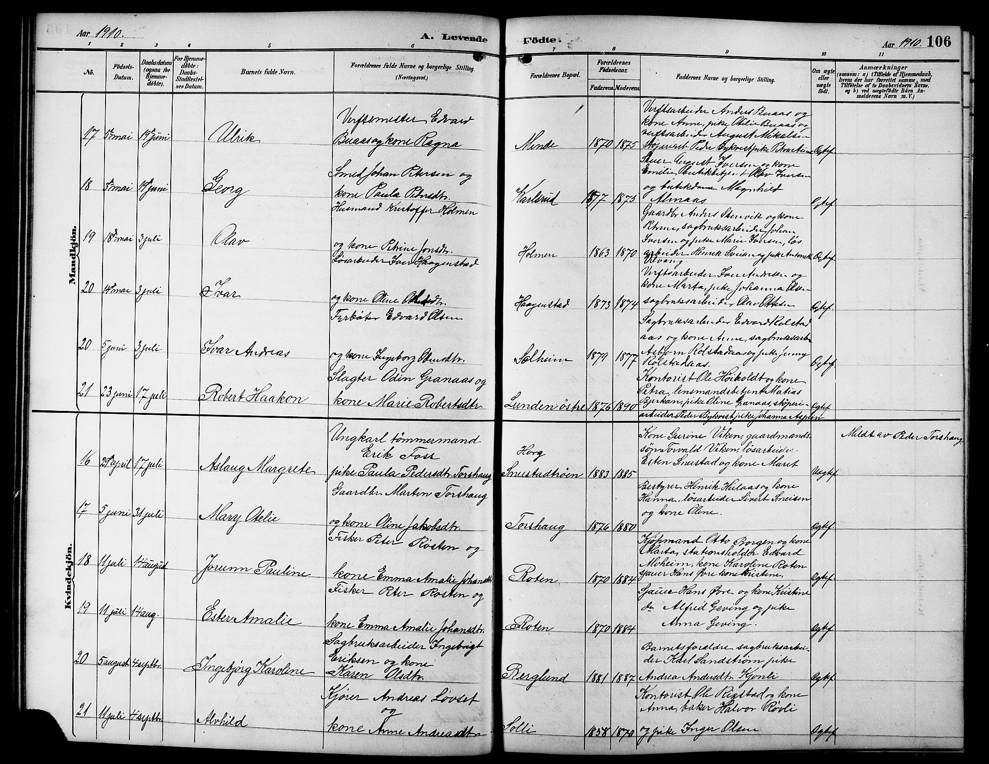 Ministerialprotokoller, klokkerbøker og fødselsregistre - Sør-Trøndelag, SAT/A-1456/617/L0431: Klokkerbok nr. 617C01, 1889-1910, s. 106