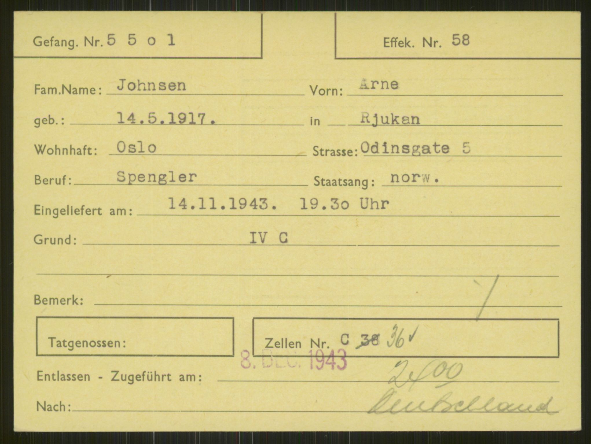 Befehlshaber der Sicherheitspolizei und des SD, RA/RAFA-5969/E/Ea/Eab/L0006: Register over norske fanger i Møllergata 19 ordnet etter fangenummer: 5500-6299, 1940-1945
