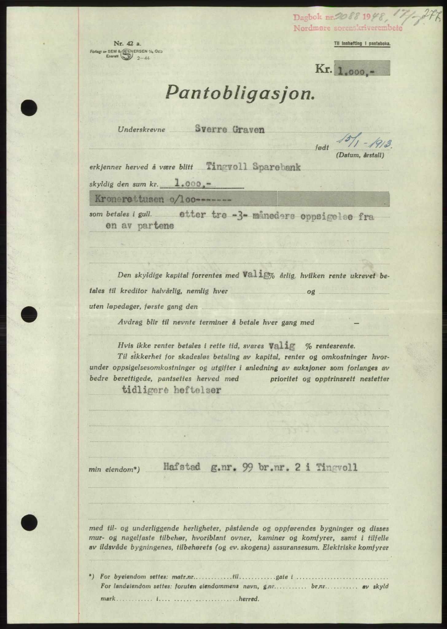 Nordmøre sorenskriveri, SAT/A-4132/1/2/2Ca: Pantebok nr. B99, 1948-1948, Dagboknr: 2088/1948