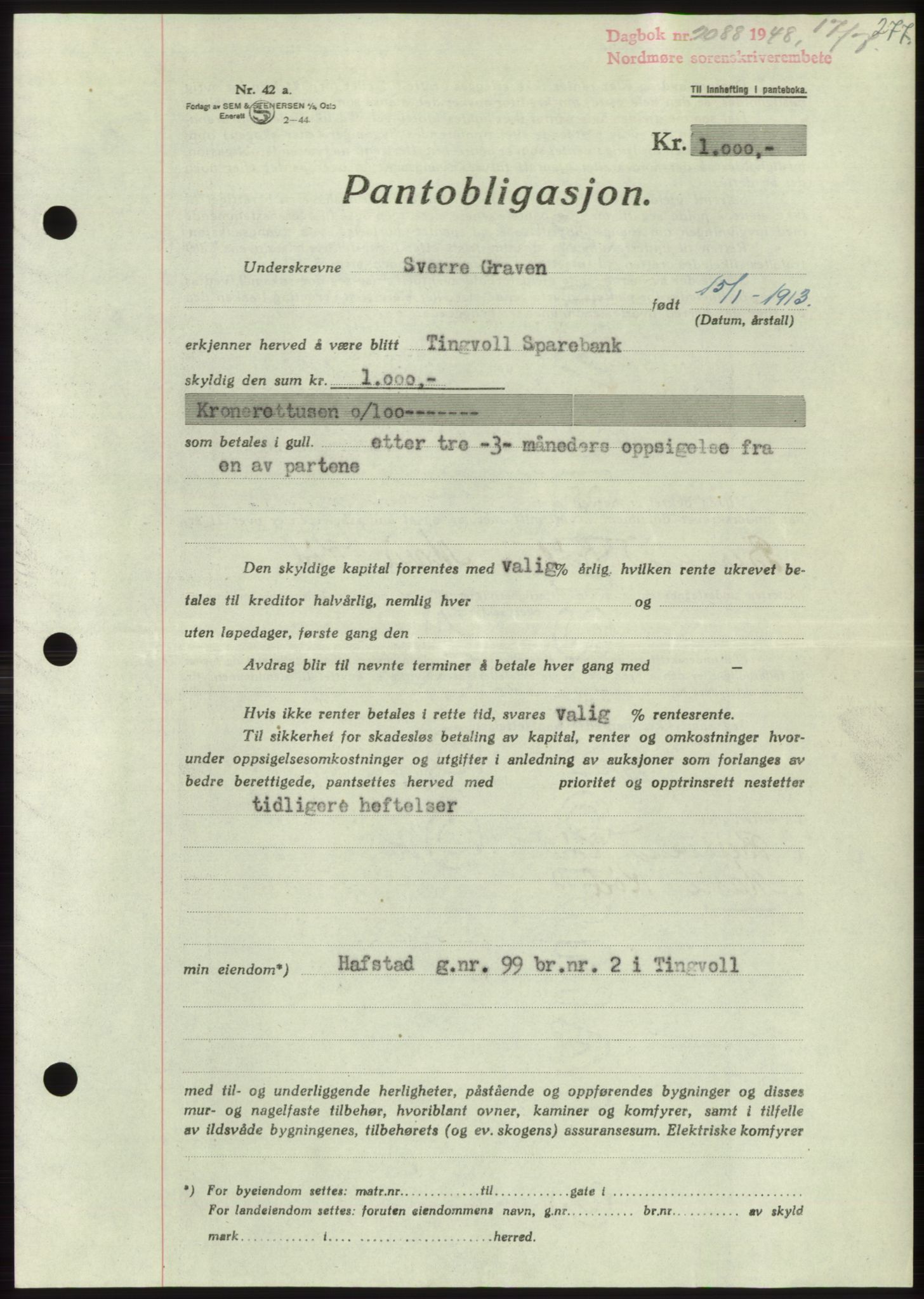 Nordmøre sorenskriveri, AV/SAT-A-4132/1/2/2Ca: Pantebok nr. B99, 1948-1948, Dagboknr: 2088/1948