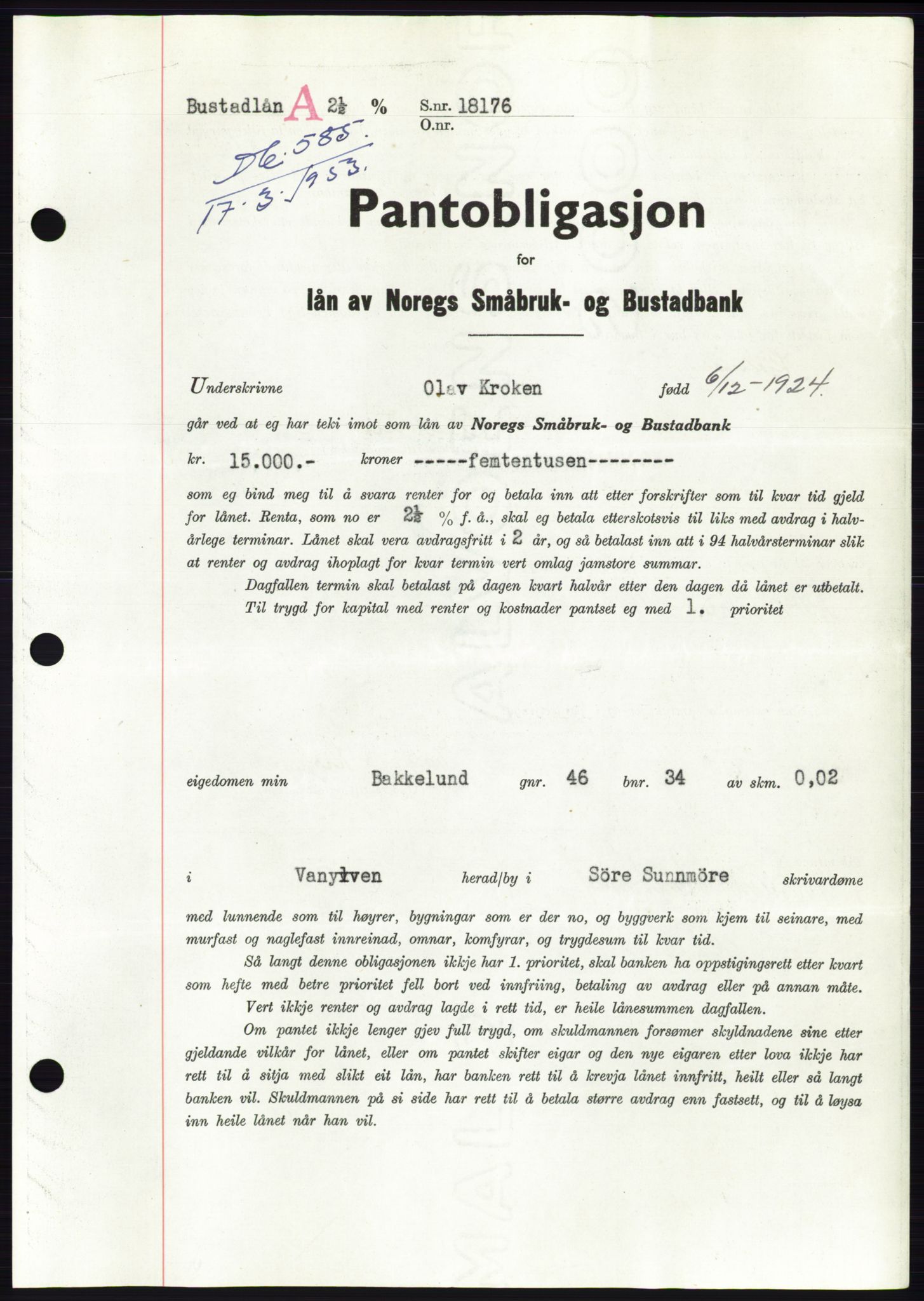 Søre Sunnmøre sorenskriveri, SAT/A-4122/1/2/2C/L0123: Pantebok nr. 11B, 1953-1953, Dagboknr: 585/1953