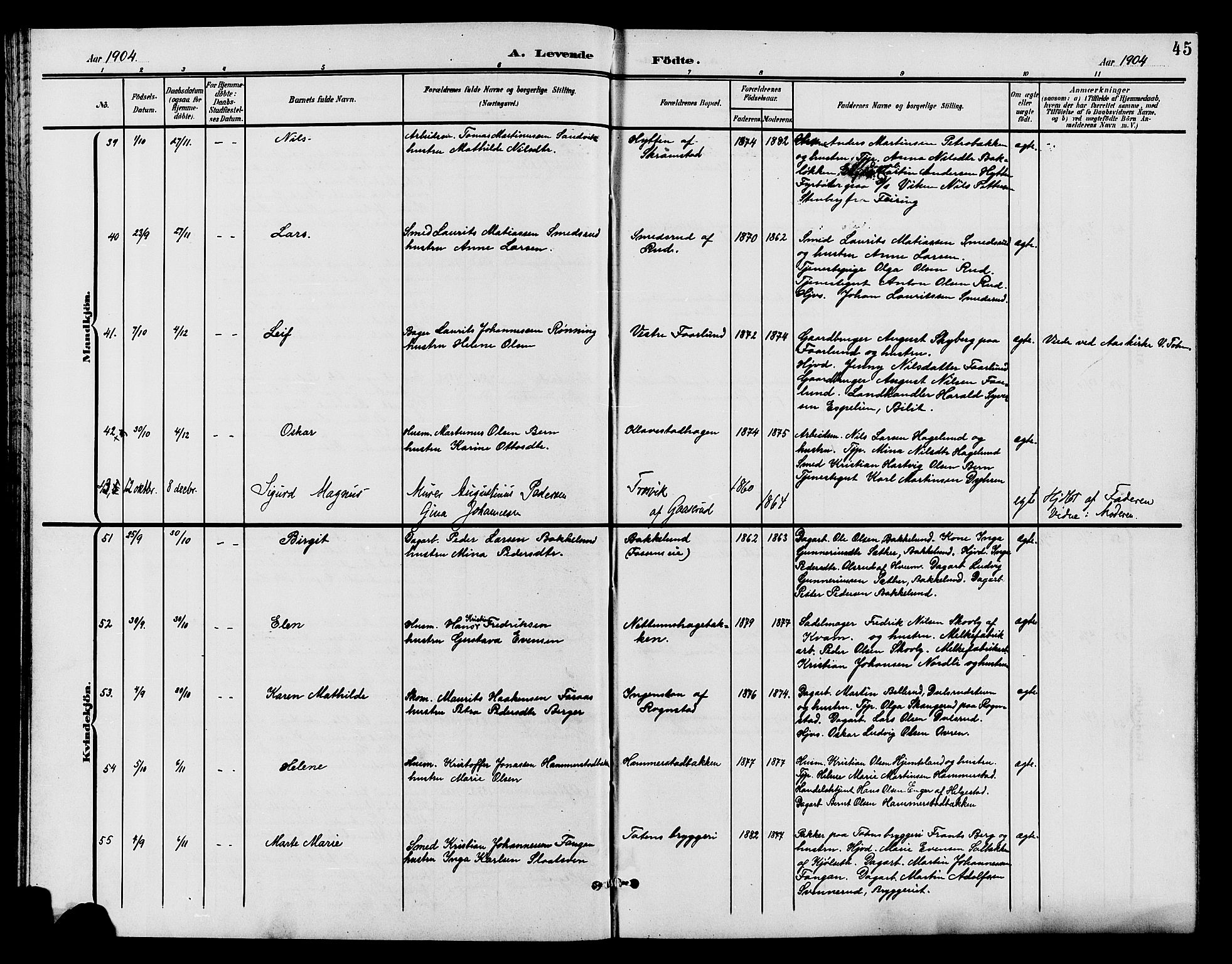 Østre Toten prestekontor, AV/SAH-PREST-104/H/Ha/Hab/L0007: Klokkerbok nr. 7, 1901-1912, s. 45