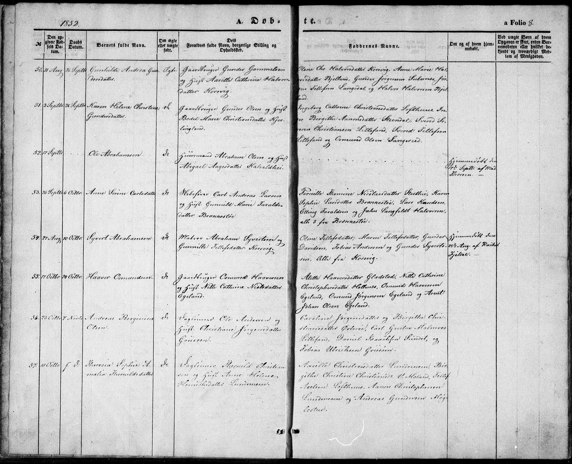 Vestre Moland sokneprestkontor, AV/SAK-1111-0046/F/Fb/Fbb/L0003: Klokkerbok nr. B 3, 1851-1861, s. 8