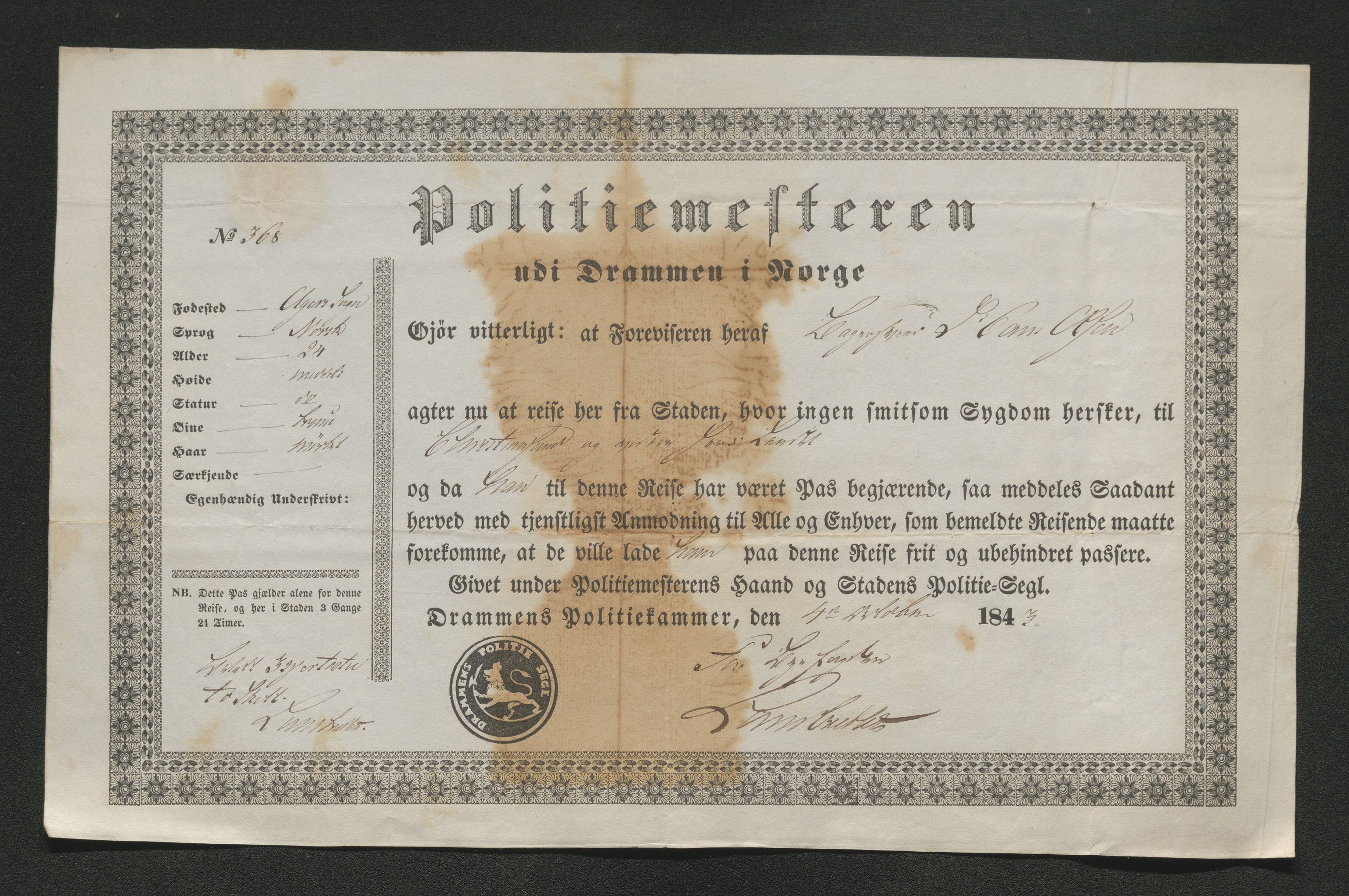 Drammen politikammer, SAKO/A-623/I/Ia/Iab/L0007: Innleverte pass, 1843-1844, s. 268