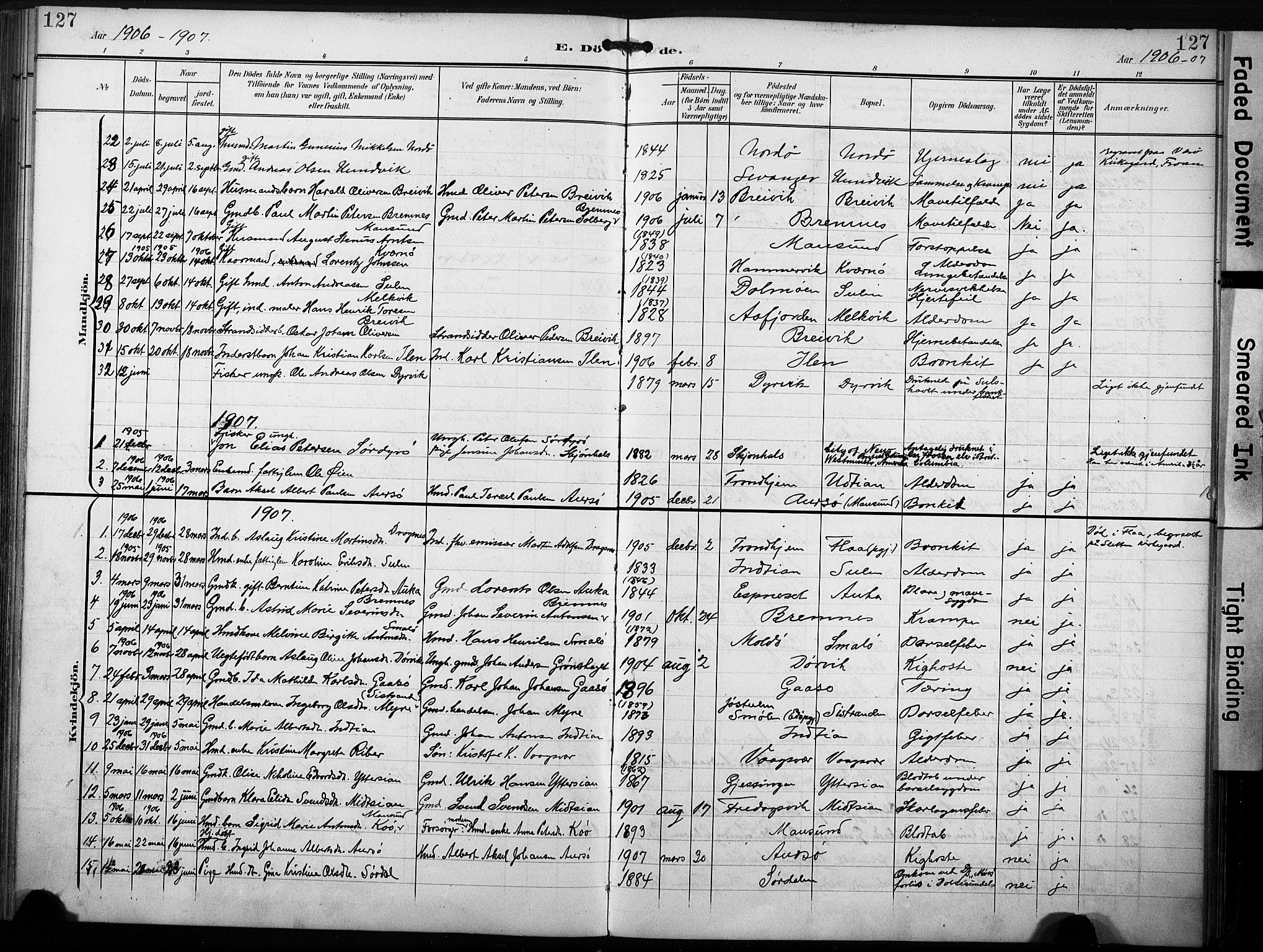 Ministerialprotokoller, klokkerbøker og fødselsregistre - Sør-Trøndelag, AV/SAT-A-1456/640/L0580: Ministerialbok nr. 640A05, 1902-1910, s. 127