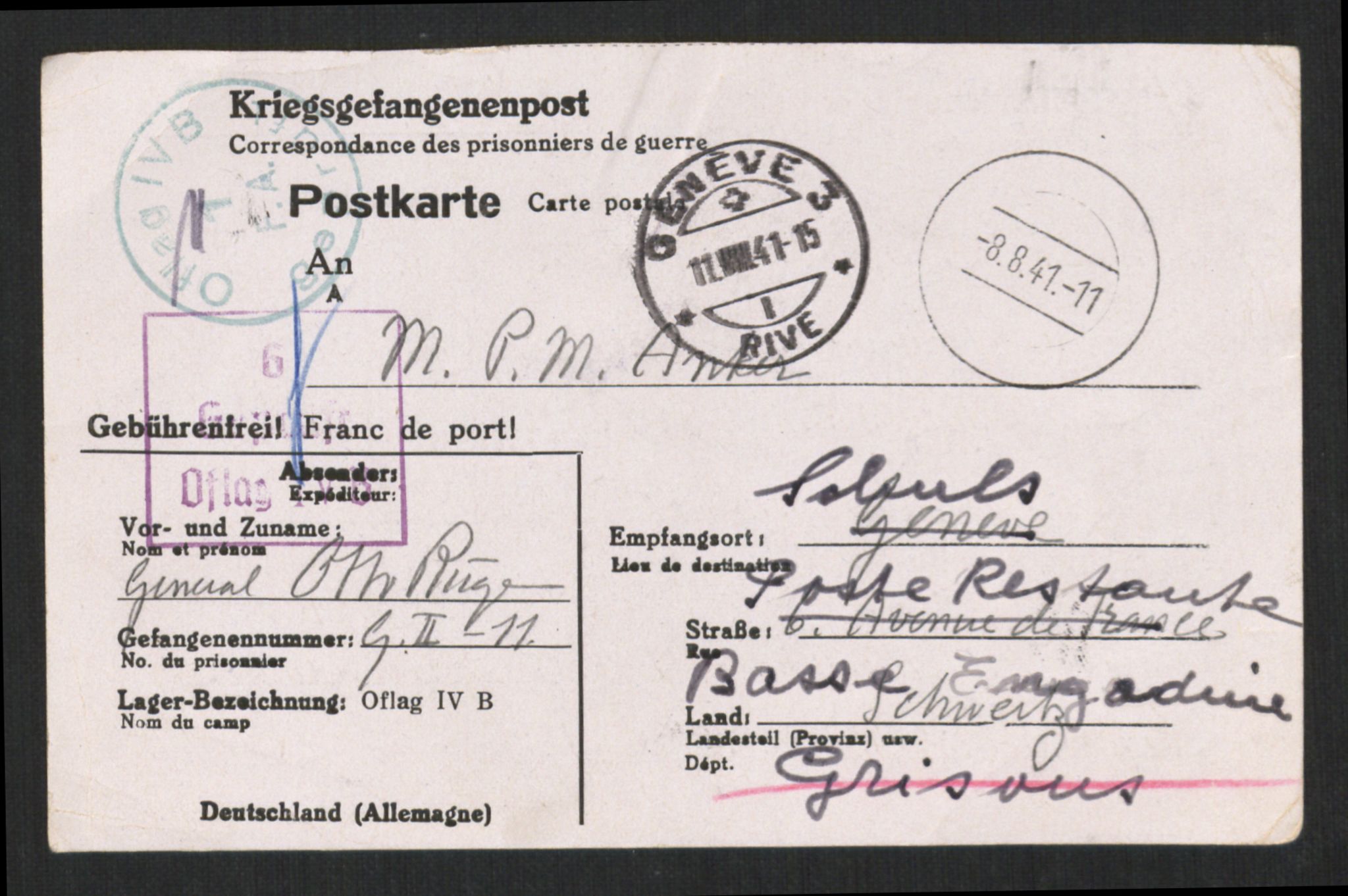 Norske offiserer i tysk fangenskap, AV/RA-PA-1468/F/L0002/0010: Krigsfangebrev m.m. / Otto Ruge - Peter Anker, 1941-1945