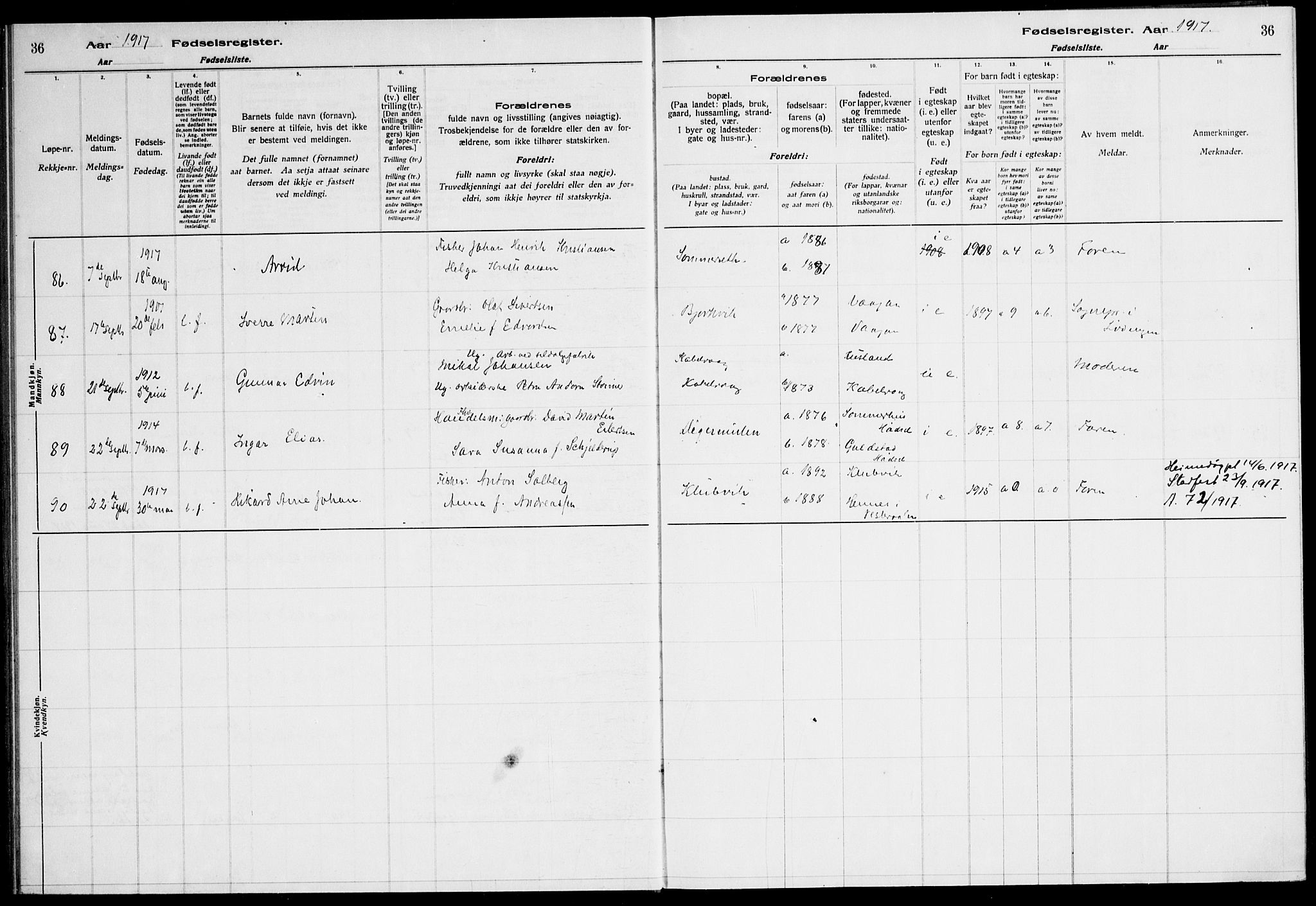 Ministerialprotokoller, klokkerbøker og fødselsregistre - Nordland, AV/SAT-A-1459/874/L1089: Fødselsregister nr. 874.II.4.1, 1916-1926, s. 36