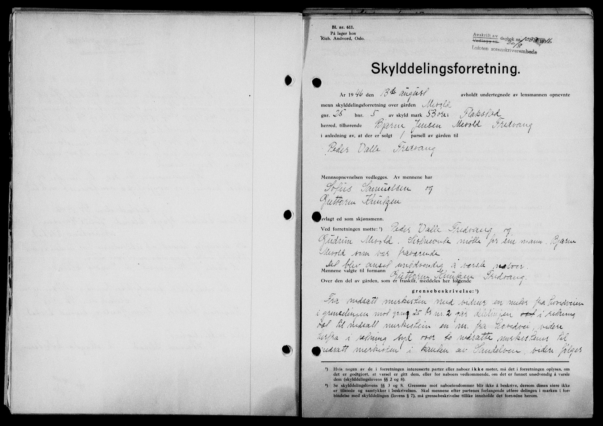 Lofoten sorenskriveri, SAT/A-0017/1/2/2C/L0014a: Pantebok nr. 14a, 1946-1946, Dagboknr: 1088/1946