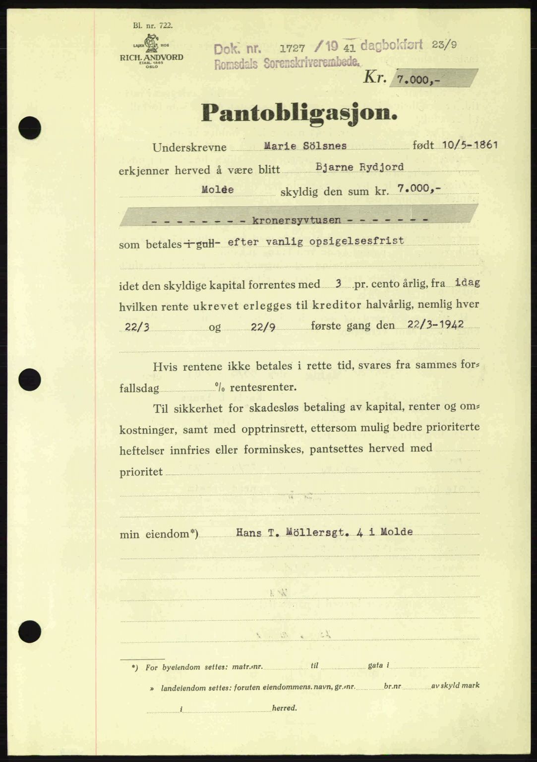 Romsdal sorenskriveri, SAT/A-4149/1/2/2C: Pantebok nr. B2, 1939-1945, Dagboknr: 1727/1941