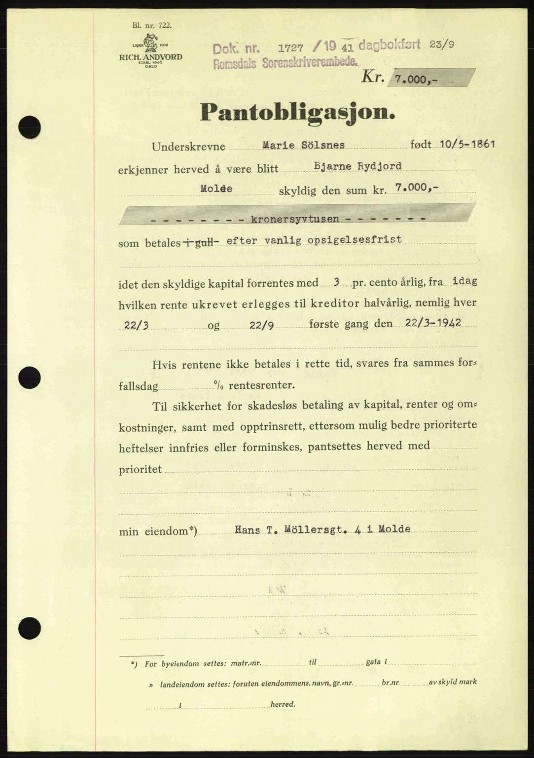 Romsdal sorenskriveri, AV/SAT-A-4149/1/2/2C: Pantebok nr. B2, 1939-1945, Dagboknr: 1727/1941