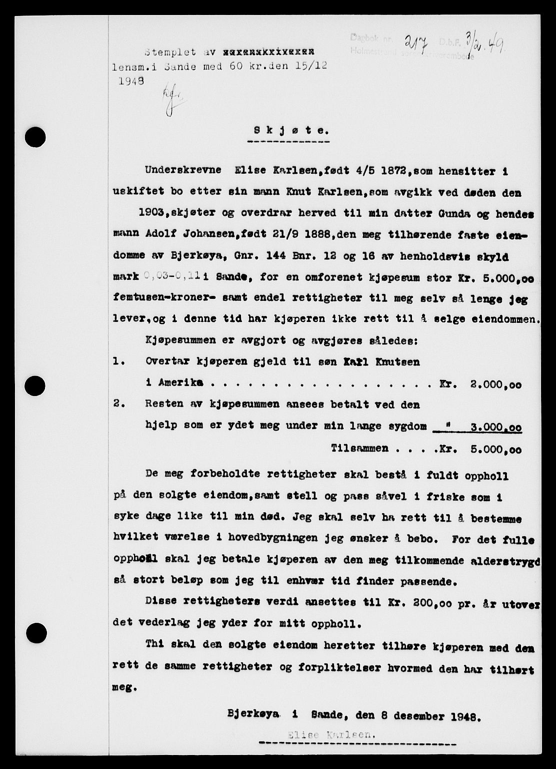 Holmestrand sorenskriveri, SAKO/A-67/G/Ga/Gaa/L0065: Pantebok nr. A-65, 1948-1949, Dagboknr: 217/1949