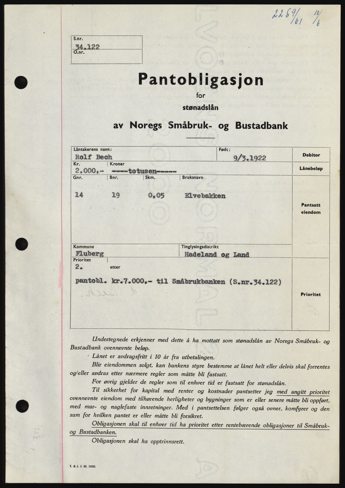 Hadeland og Land tingrett, SAH/TING-010/H/Hb/Hbc/L0046: Pantebok nr. B46, 1961-1961, Dagboknr: 2259/1961