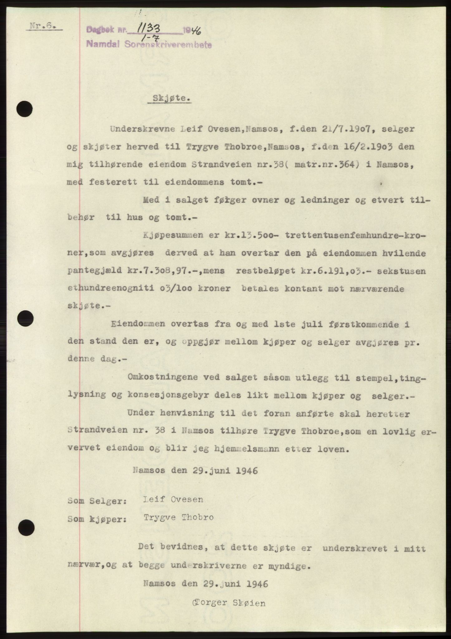 Namdal sorenskriveri, SAT/A-4133/1/2/2C: Pantebok nr. -, 1946-1946, Dagboknr: 1133/1946