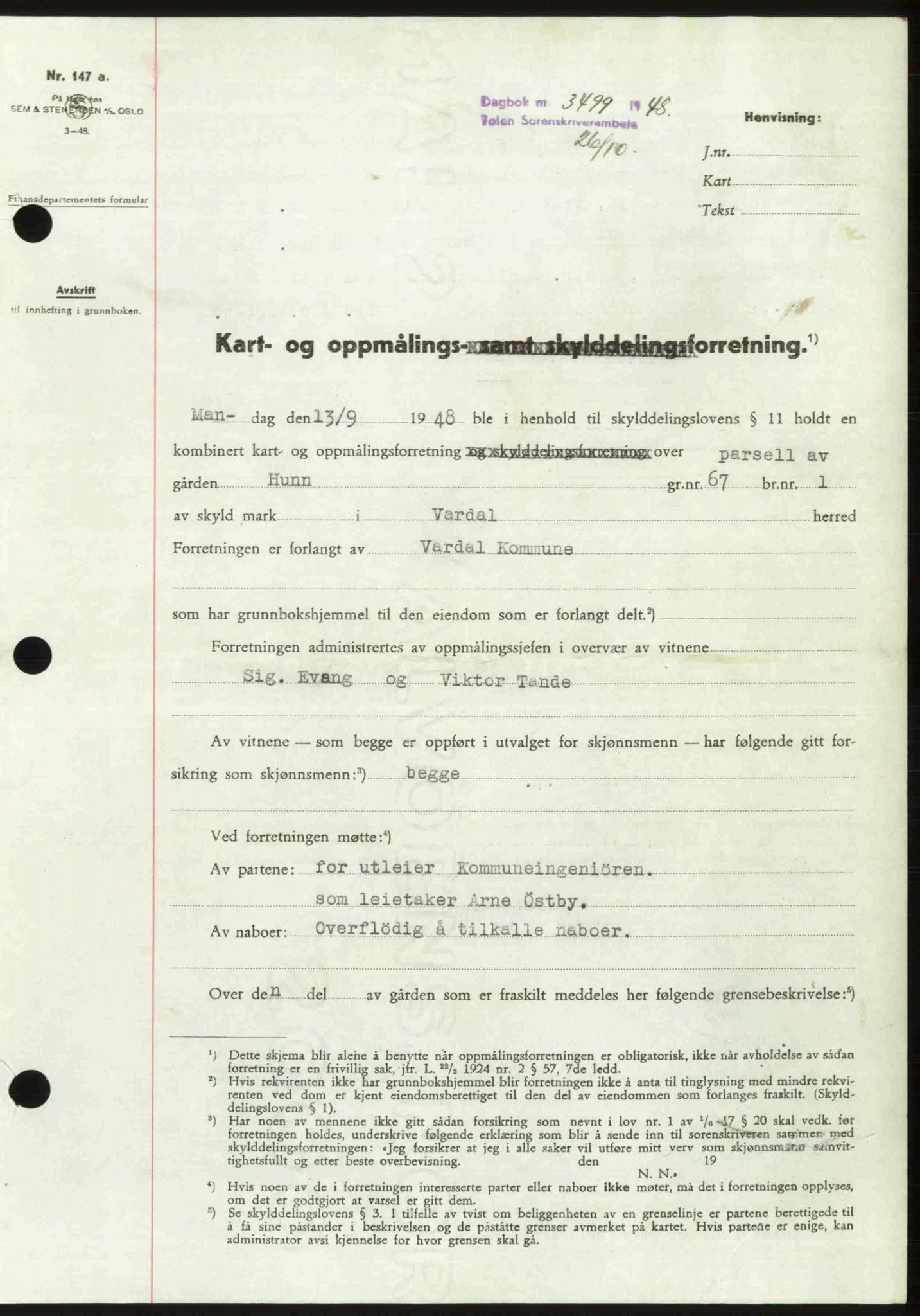 Toten tingrett, SAH/TING-006/H/Hb/Hbc/L0020: Pantebok nr. Hbc-20, 1948-1948, Dagboknr: 3499/1948