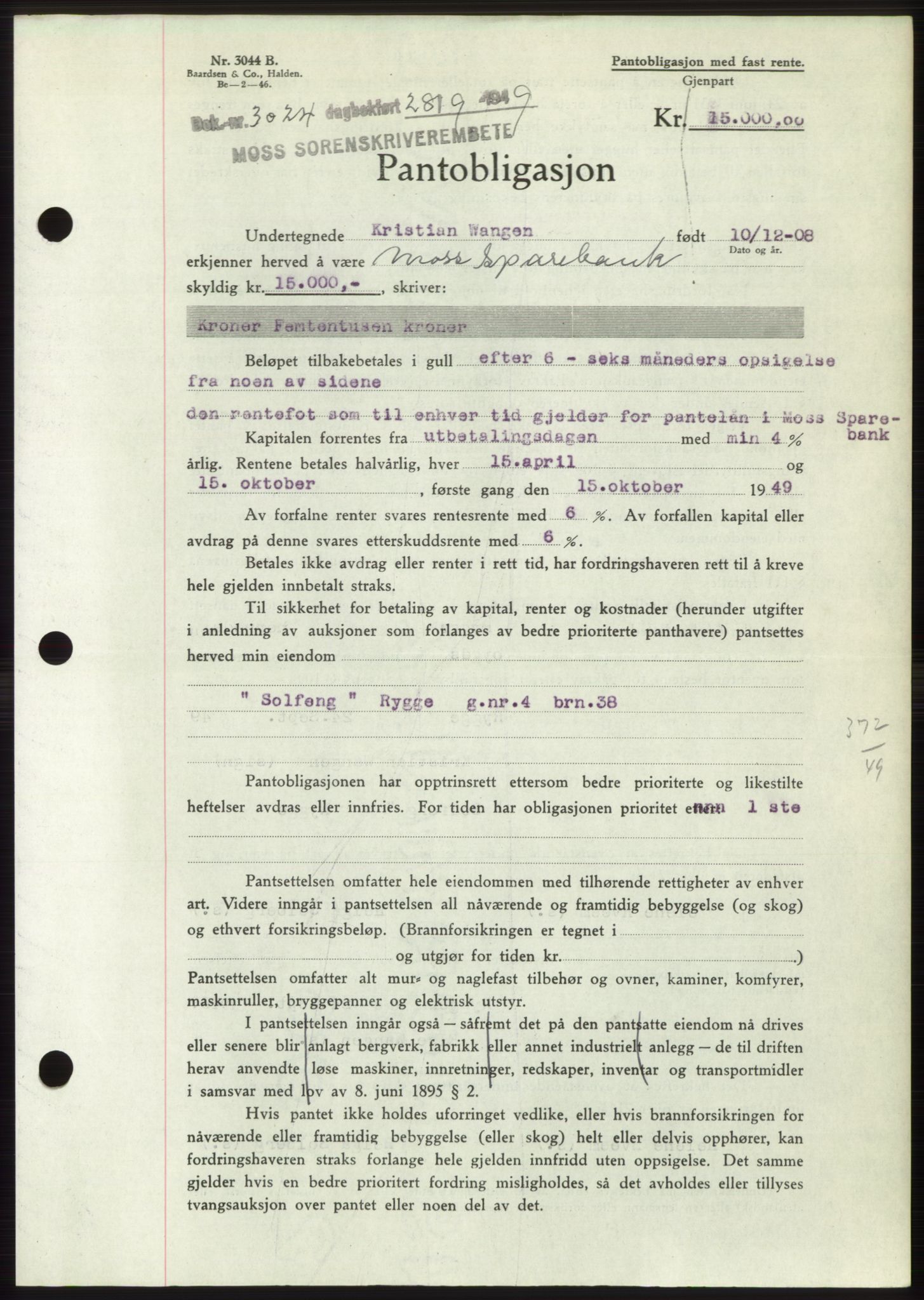 Moss sorenskriveri, SAO/A-10168: Pantebok nr. B22, 1949-1949, Dagboknr: 3024/1949