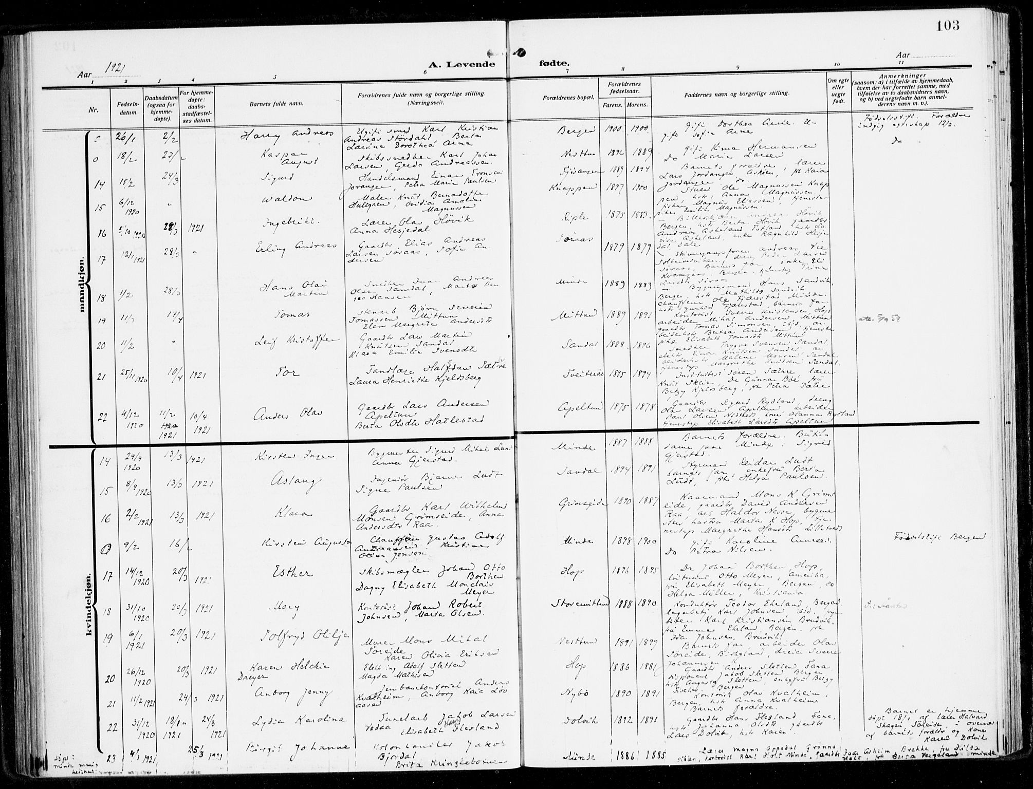 Fana Sokneprestembete, AV/SAB-A-75101/H/Haa/Haai/L0004: Ministerialbok nr. I 4, 1912-1933, s. 103