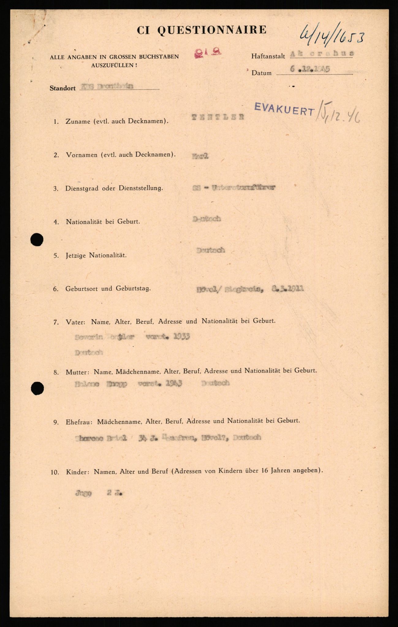 Forsvaret, Forsvarets overkommando II, RA/RAFA-3915/D/Db/L0033: CI Questionaires. Tyske okkupasjonsstyrker i Norge. Tyskere., 1945-1946, s. 414