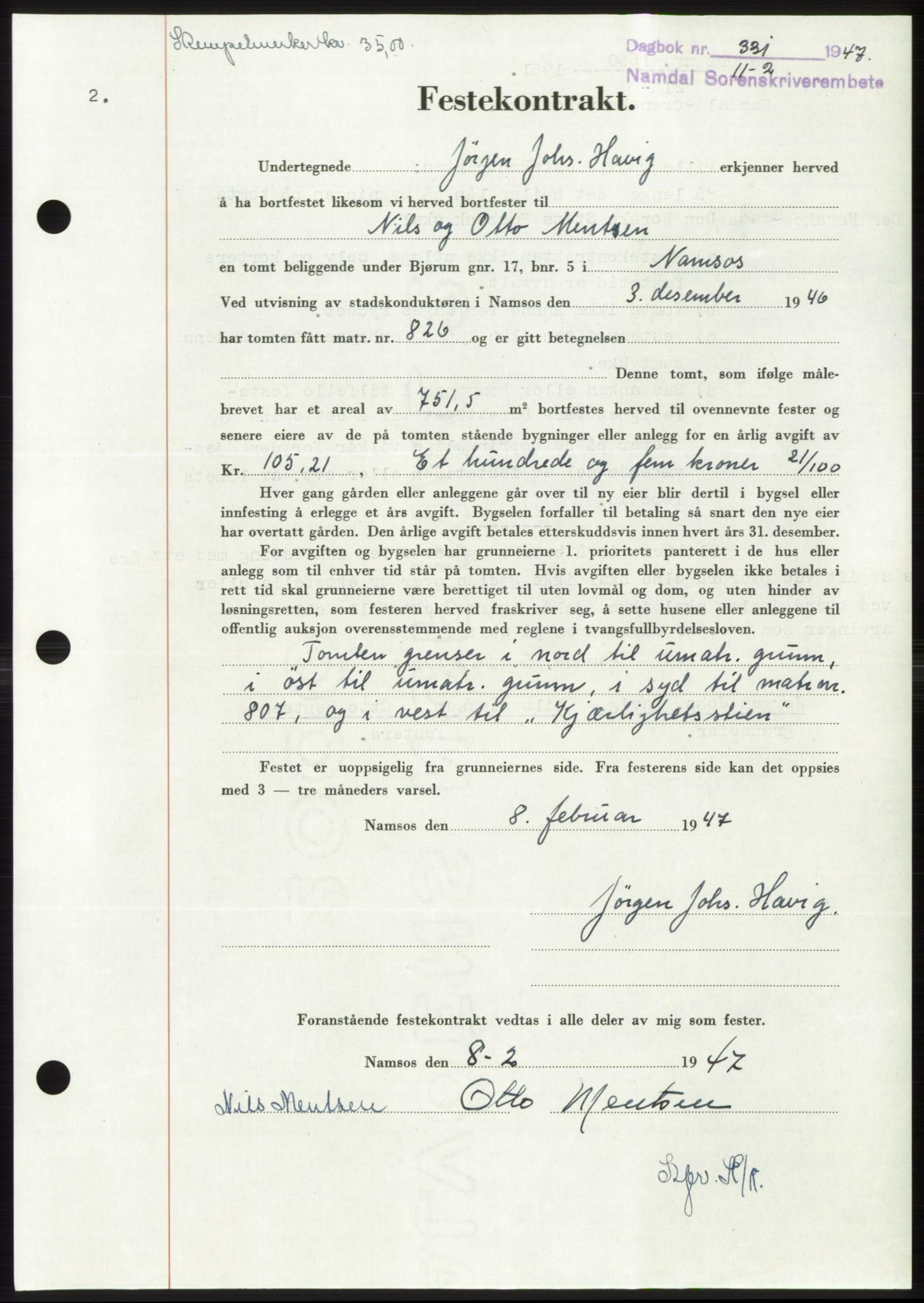 Namdal sorenskriveri, SAT/A-4133/1/2/2C: Pantebok nr. -, 1946-1947, Dagboknr: 331/1947