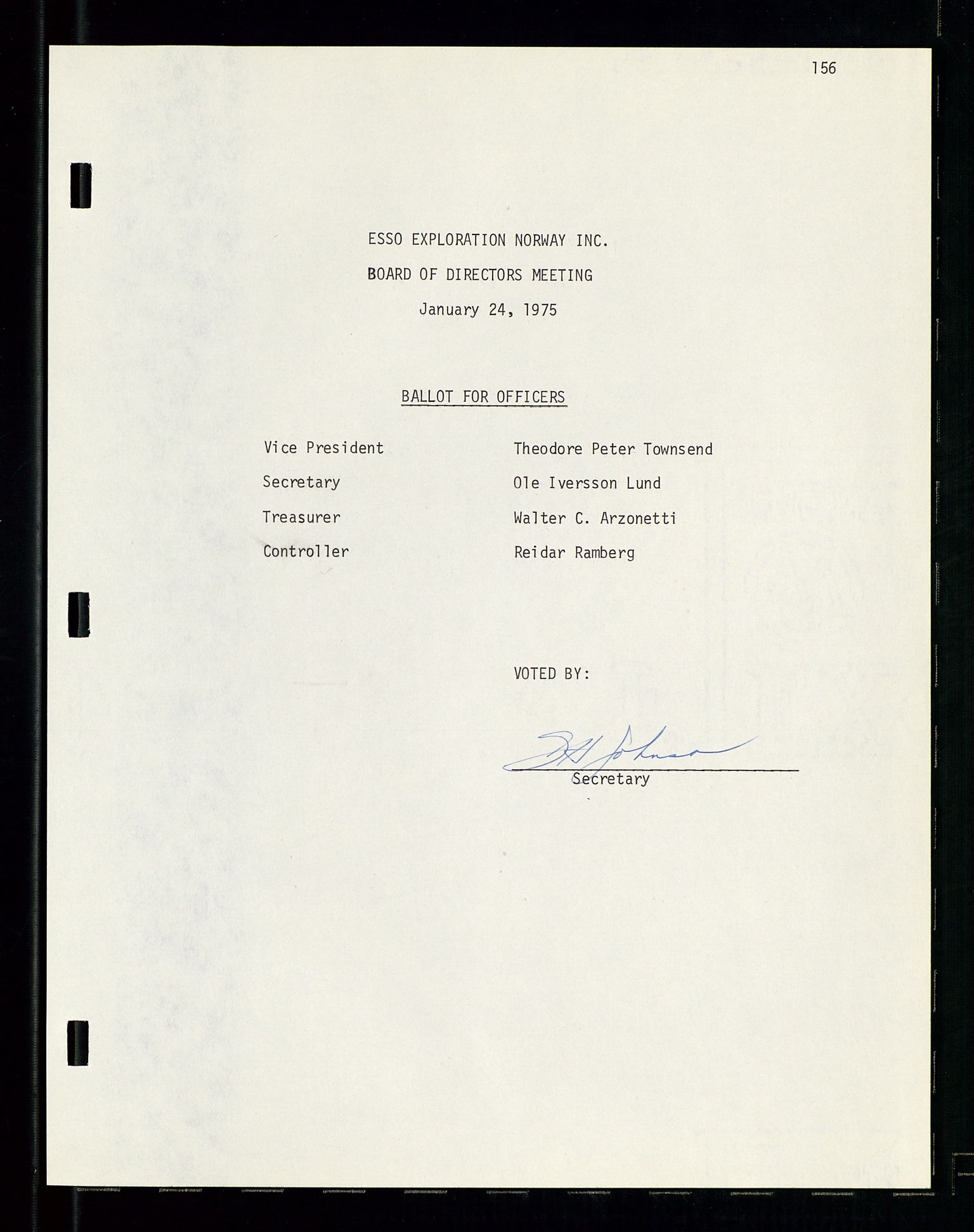 Pa 1512 - Esso Exploration and Production Norway Inc., AV/SAST-A-101917/A/Aa/L0001/0001: Styredokumenter / Corporate records, By-Laws, Board meeting minutes, Incorporations, 1965-1975, s. 156